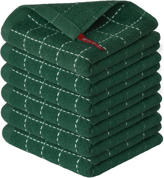 Artoid Mode Checkered Designed Cotton Green Terry Kitchen Dish Cloths, 12x12 Inch Soft Absorbent Quick Drying Cleaning Kitchen Rags Set of 6