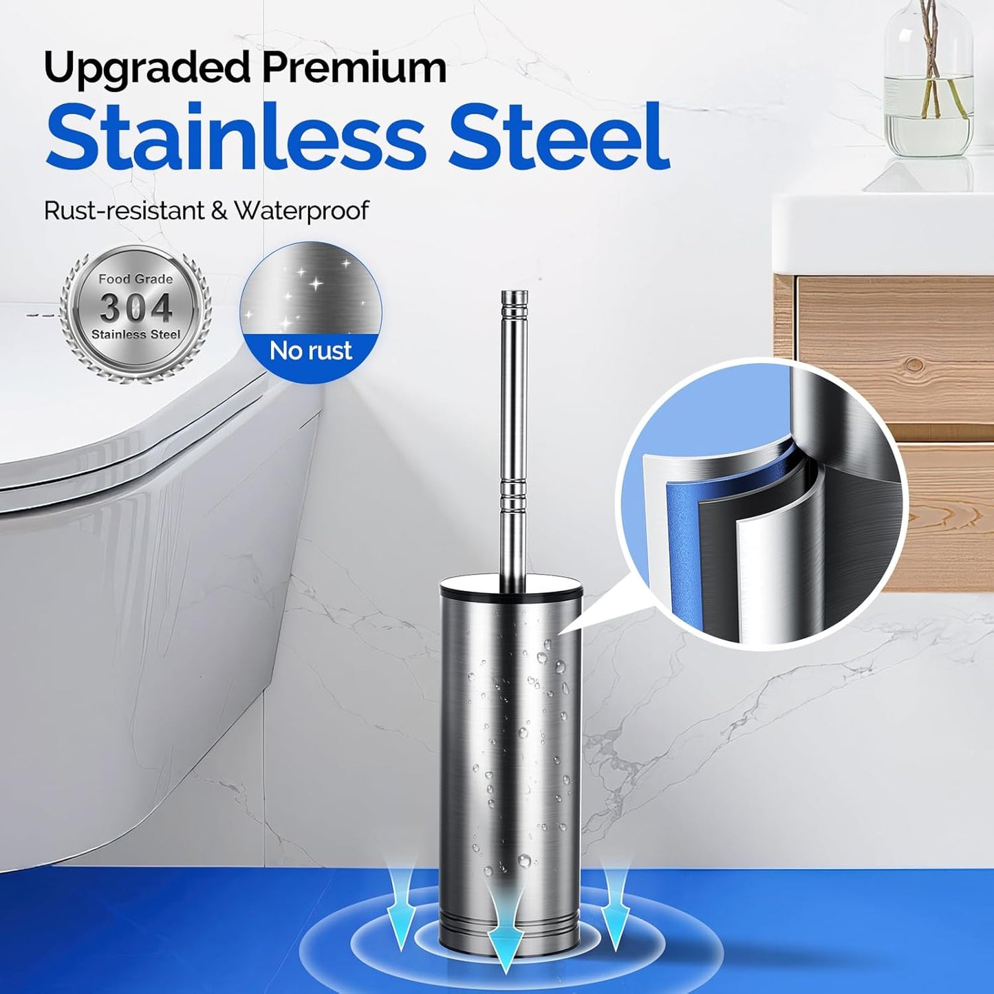 HAMITOR Toilet Brush and Holder Set: 304 Stainless Steel Heavy Duty Bowl Cleaner Brush - Deep Cleaning Under Rim Curved Bristle - Space Saving Wall-Mounted for Home RV Bathroom Accessories Silver