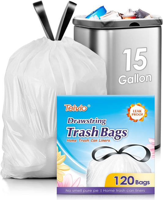 15 Gallon 120 Counts Strong Tall Kitchen Drawstring Trash Bags by Teivio, Medium Plastic Garbage Bags for Home Kitchen Office Garden Tall Trash Can, Waste Bin Liners White