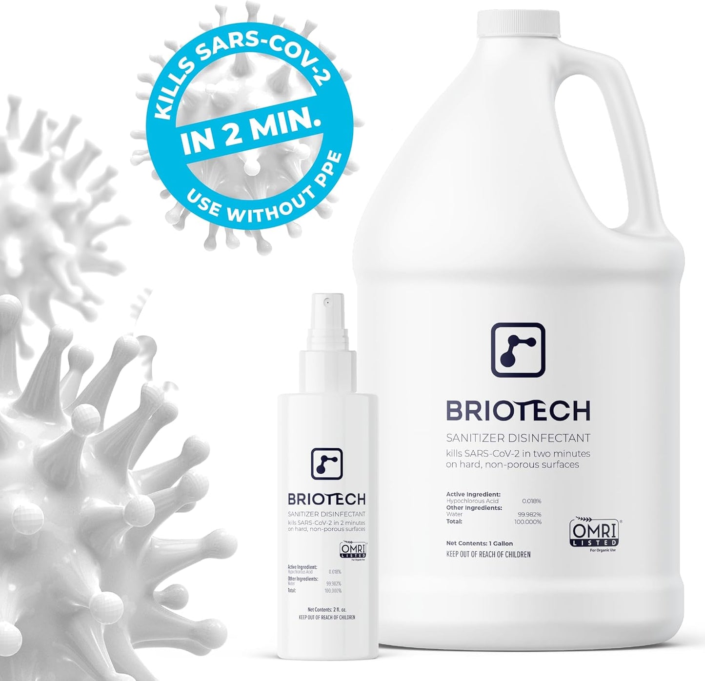 BRIOTECH Sanitizer Disinfectant Hypochlorous, Kill 99.99% of Viruses & Bacteria, Control Mold, Eliminate Odor, Gentle for Nursery & Play Rooms, Food Contact Surface Sanitizer, 1 Gallon Refill (2 Pack)