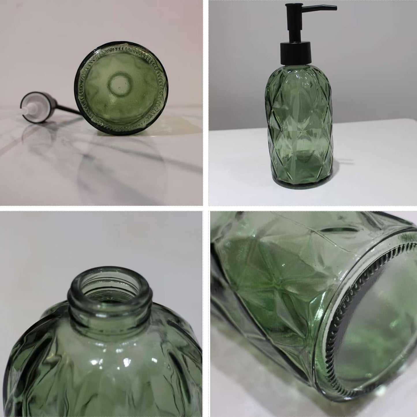 Green Glass Soap Dispenser with Black Plastic Pump, 12Oz Bathroom Clear Liquid Lotion Bottles Refillable Dish Dispensers with Diamond Design, Hand Dish Dispenser for Kitchen