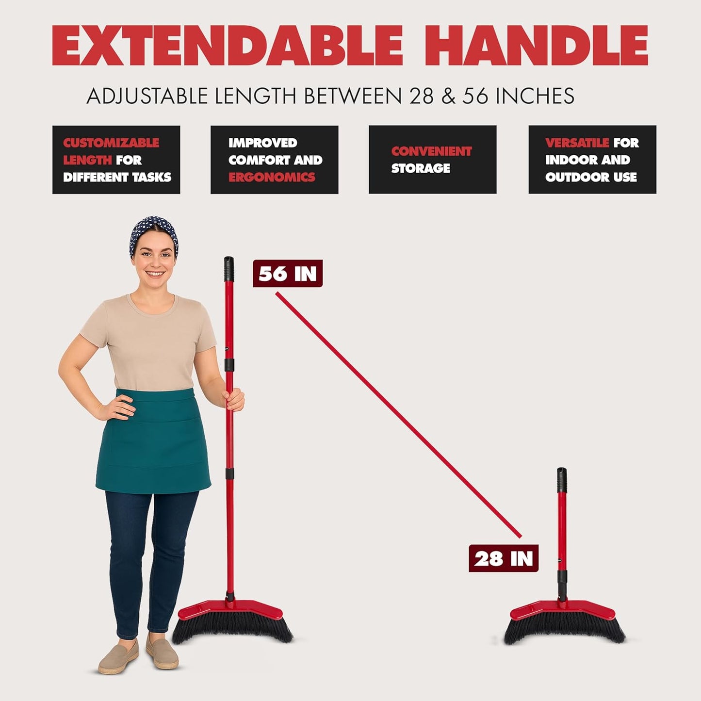 Da Vinci Curved Angle Broom 1pc - Sturdy Wide Broom for Indoor/Outdoor Sweeping, Heavy Duty Steel Telescopic Handle, Durable PVC Bristles, Ideal for Pet Hair, Dust, Kitchen & Rough Surfaces