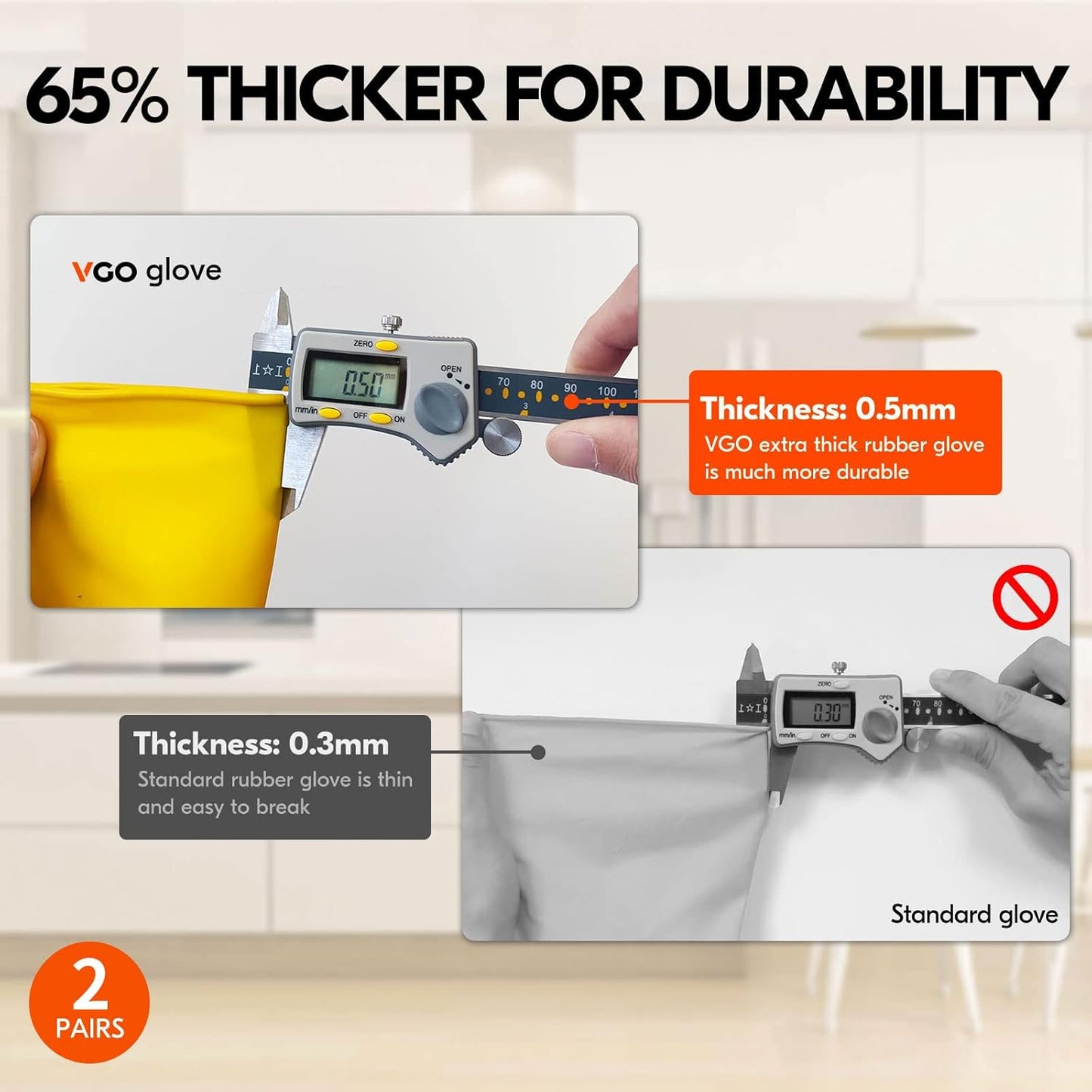 Vgo... 2-Pairs Reusable Household Gloves, Rubber Dishwashing gloves, Extra Thickness, Long Sleeves, Kitchen Cleaning, Working, Painting, Gardening, Pet Care (Size M, Yellow, HH4601)