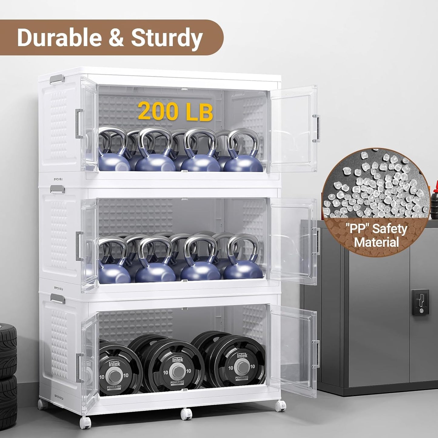 BROVIEW 800 Qt Plastic Storage Bins with Lid, Doors & Wheels, 4Pack Extra Large Stackable Collapsible Storage Bins, Closet Organizers and Storage Drawer, Foldable Cabinets for Home Office, White