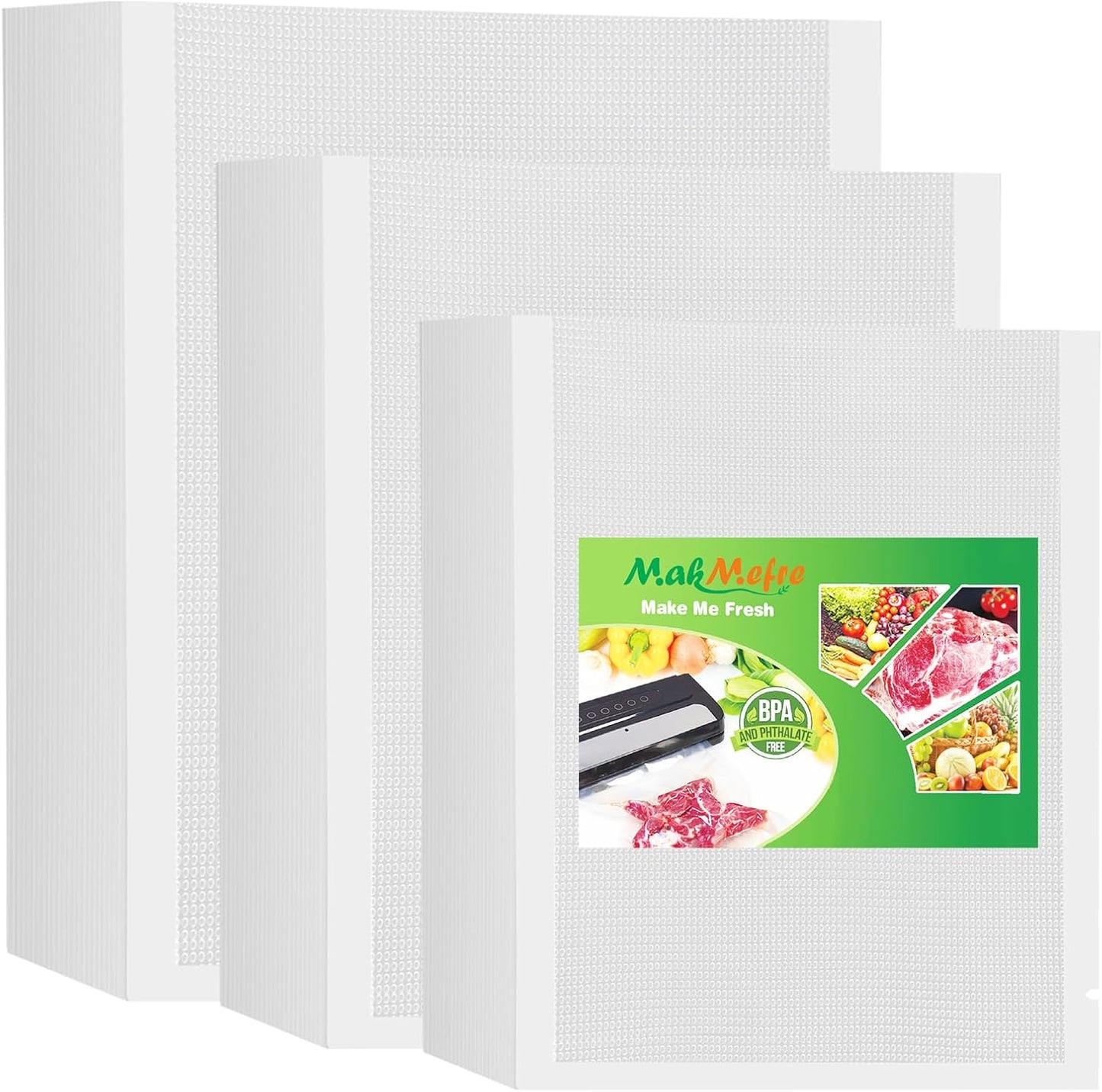MakMeFre 300 Bags 100 of Each Size Plus Quart 10"x13" and Quart 8"x12" and Pint 6"x10" BPA Free Sous Vide Seal a Meal Commercial Grade Vacuum Seal PreCut Combo Pack Bag