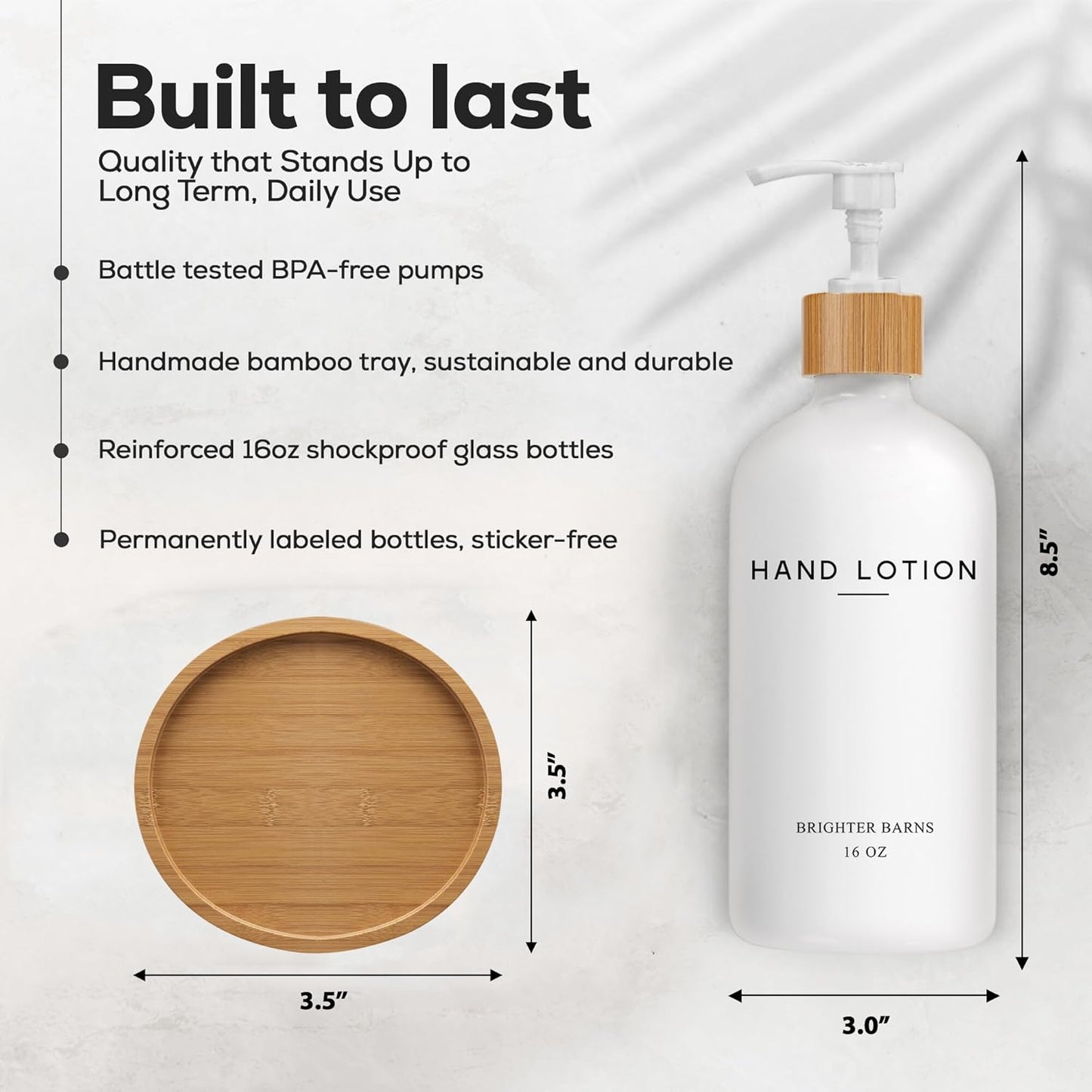 White Glass Lotion Dispenser with Pump Bathroom Set by Brighter Barns - Hand Lotion Dispenser with Tray - Modern Bathroom Decor - Boho Bedroom Decor for Housewarming Gift, Airbnb, Hotel (White)