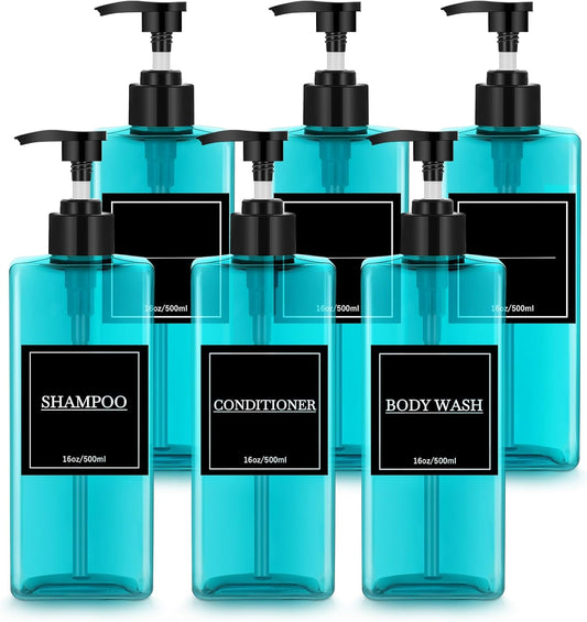 Tanlade 6 Pieces Shampoo and Conditioner Dispenser Bottles 16oz Modern Shower Soap Bottles with Pump, Labels and Marker Pen Easy to Refill Body Wash Dispensers for Home Bathroom Decoration