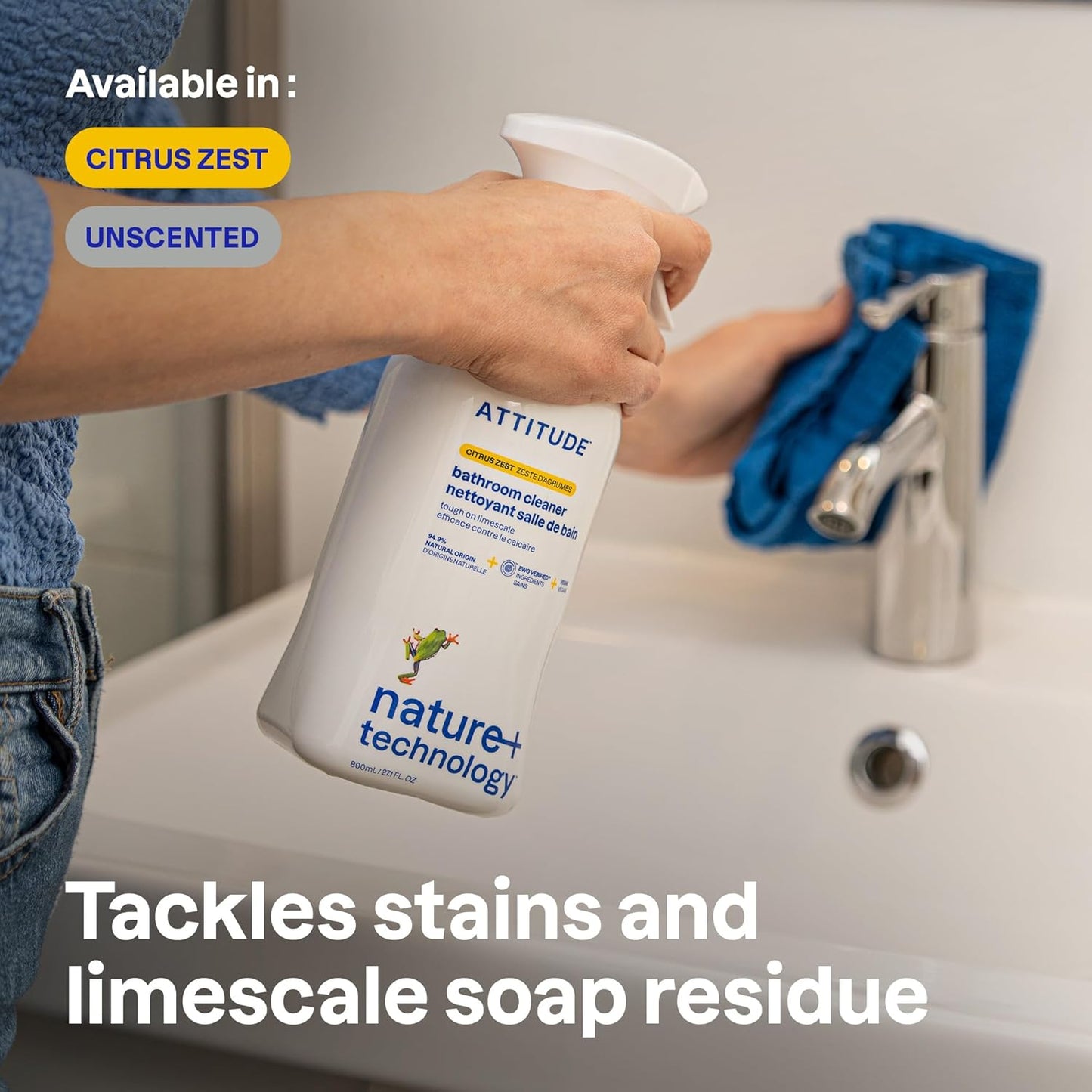 ATTITUDE Bathroom Cleaner Spray, EWG Verified, Plant-Based & Vegan, Safe for Bathroom Surfaces, Tiles, Tubs, Shower Walls, and Grout, Citrus Zest Scent, 27.1 Fl Oz