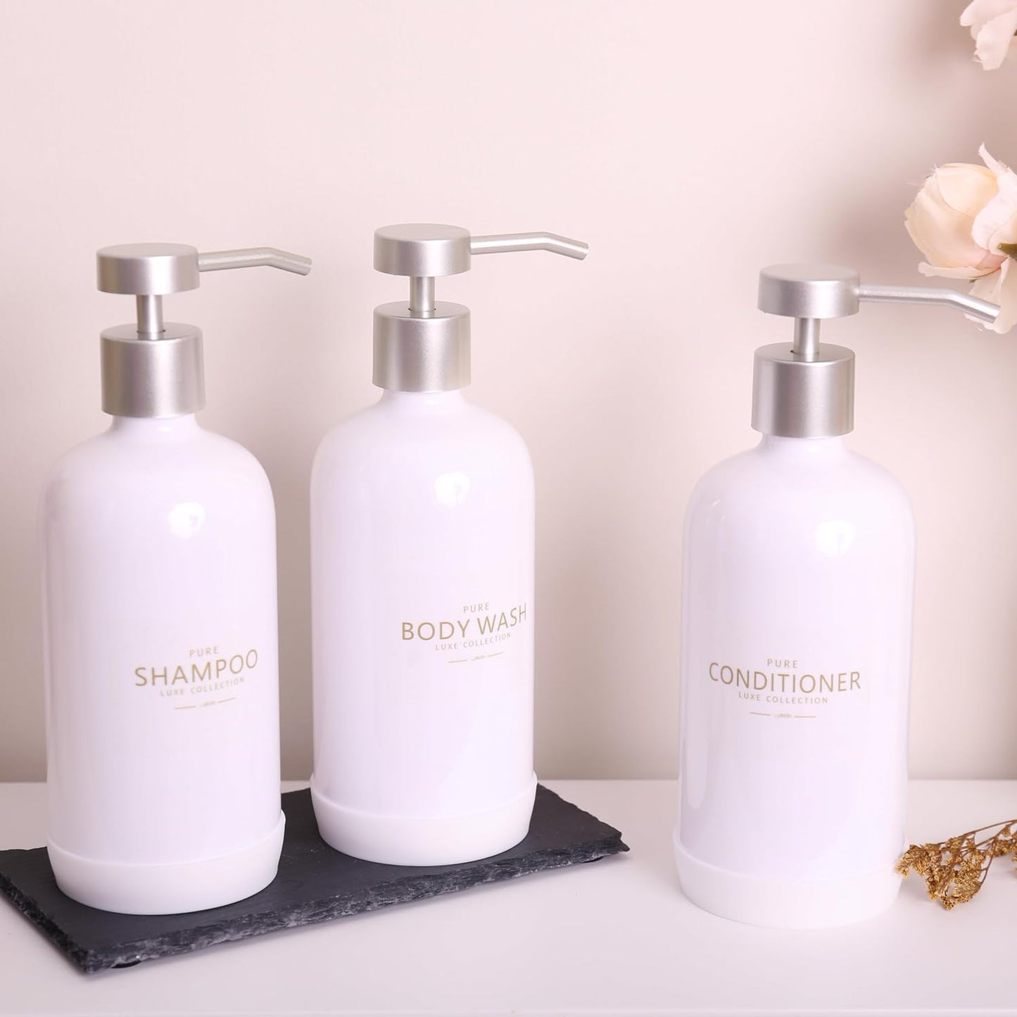 Shampoo and Conditioner Dispenser Set of 3,Refillable 21oz Shampoo Bottles with Non-Slip Protective Silicone Pad,Shower Soap Dispenser with Waterproof Labels for Bathroom (White)