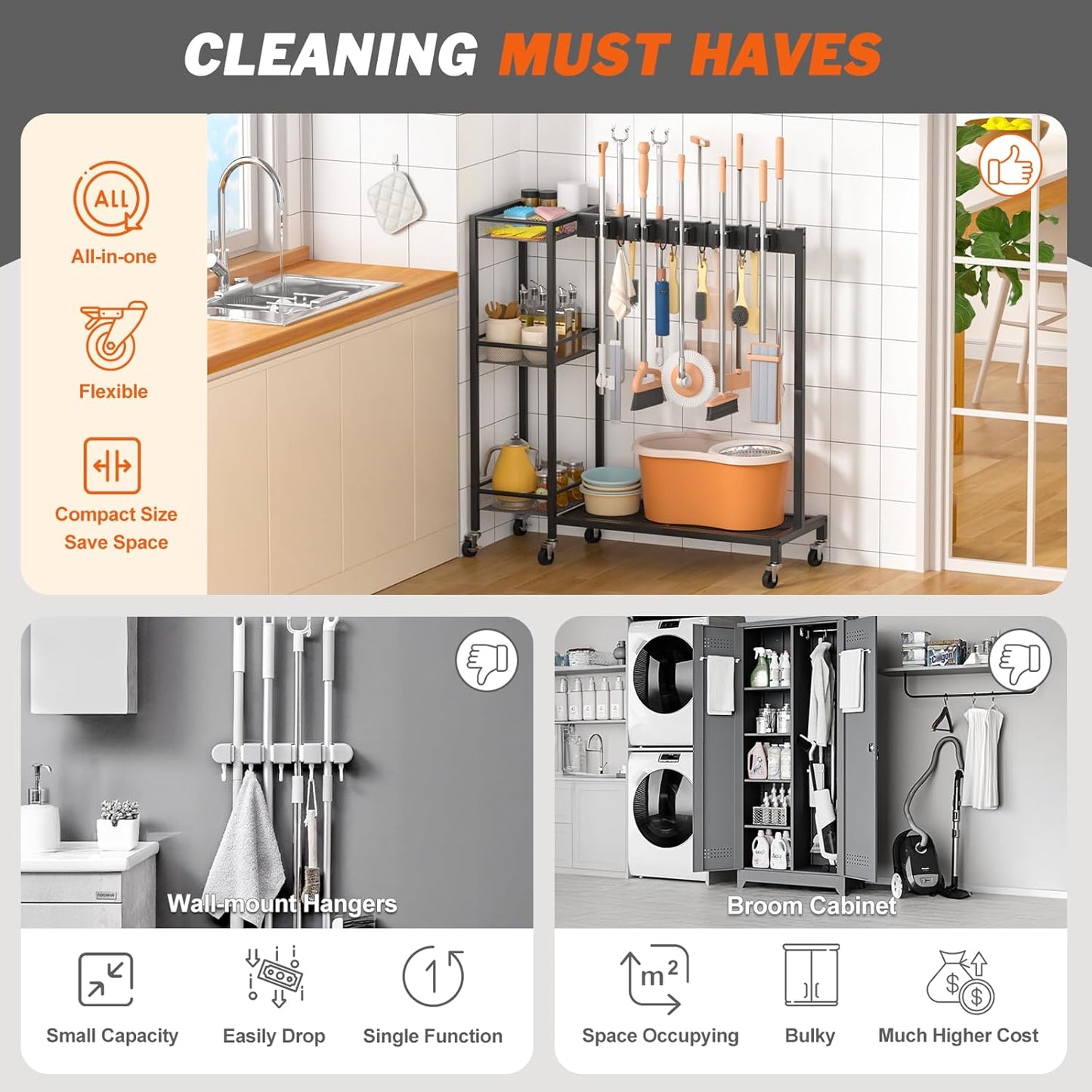 Broom Holder with Cleaning Supplies Organizer, Broom Closet Storage Cabinet with Cleaning Caddy, Cleaning Cart with Mop Hanger Gripper Rack Hooks,Janitorial Housekeeping cart,Laundry Room Organization