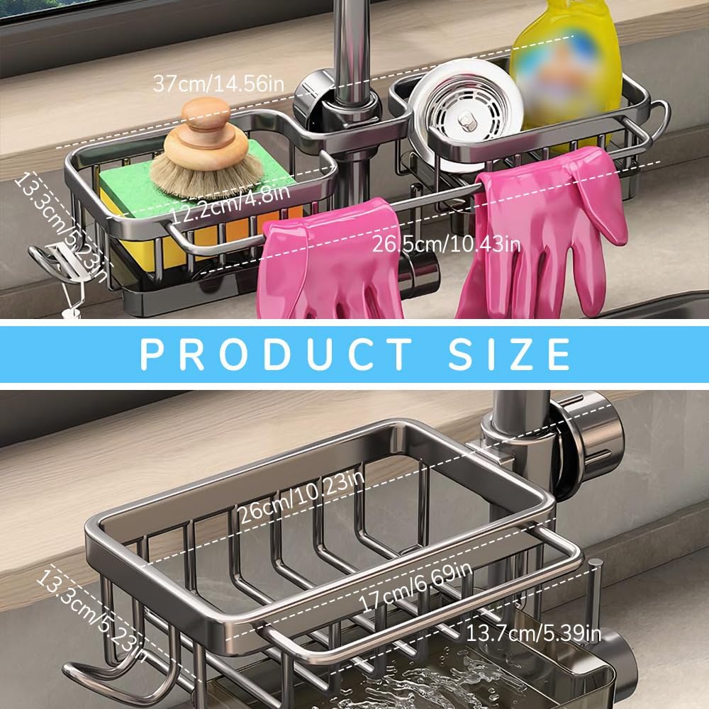 Sink Organizer Rack for Kitchen and Bathroom, 2024 New Kitchen Sink Faucet Organizer with Drip Tray Faucet Sponge Holder (Silver, Left+Right)