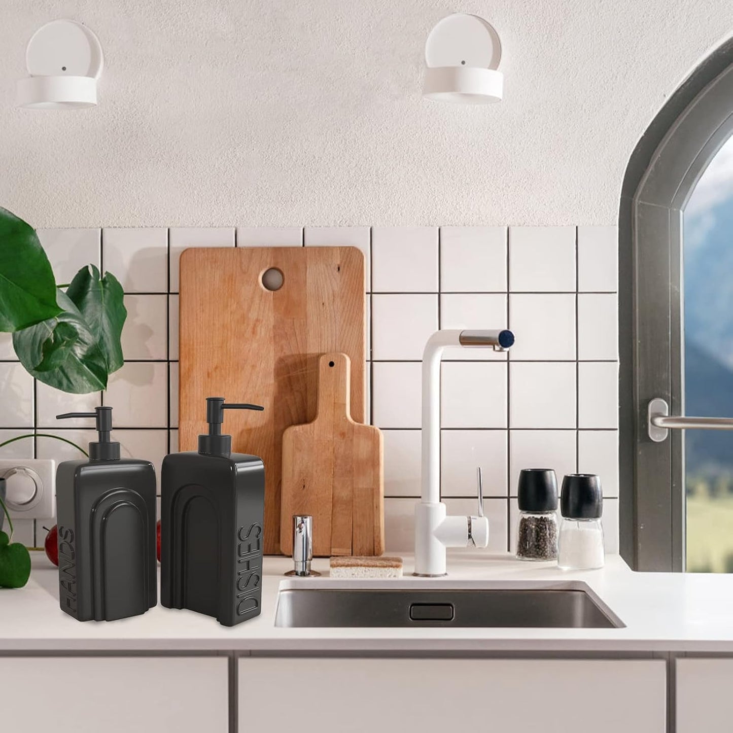 Ceramic Soap Dispenser Set, 2 Pack Kitchen Dispenser with Funnel, Non-Slip Silicone Pads, Liquid Hand and Dish Soap for Kitchen, Bathroom, Matte Black