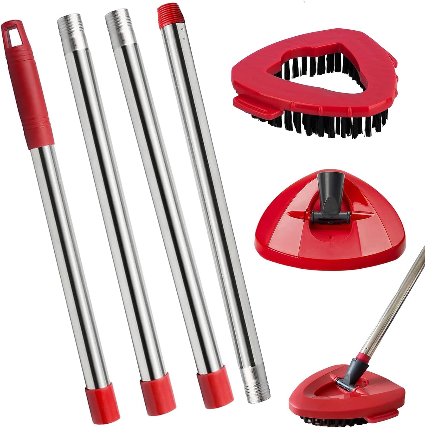 Spin Mop Replacement Handle and Mop Base Replacements for OCeda EasyWring 1-Tank Spin Mop System,4-Section Iron Mop Handle 30-58in and 1 Mop Base and 1 Scrub Brush Cover Set Combo, Red