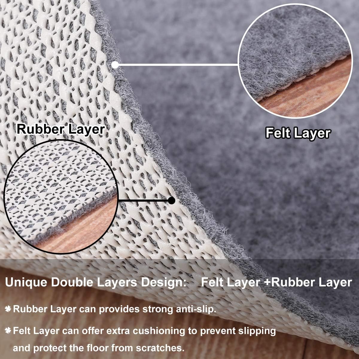 Non Slip Rug Pad Grippers - 5x8, 1/8" Thick, (Felt + Rubber) Double Layers Area Carpet Mat Tap, Provides Protection and Cushioning for Hardwood or Tile Floors