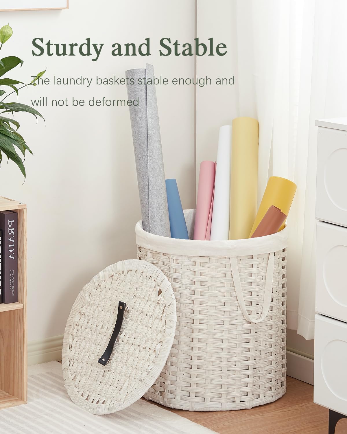 Laundry Hamper with Lid Wicker Laundry Hamper Round 26.5 Gal (100 L) Laundry Basket Handwoven Rattan Laundry Basket with Removable Bag Handles 2 Mesh Bags for Living Room Bedroom White