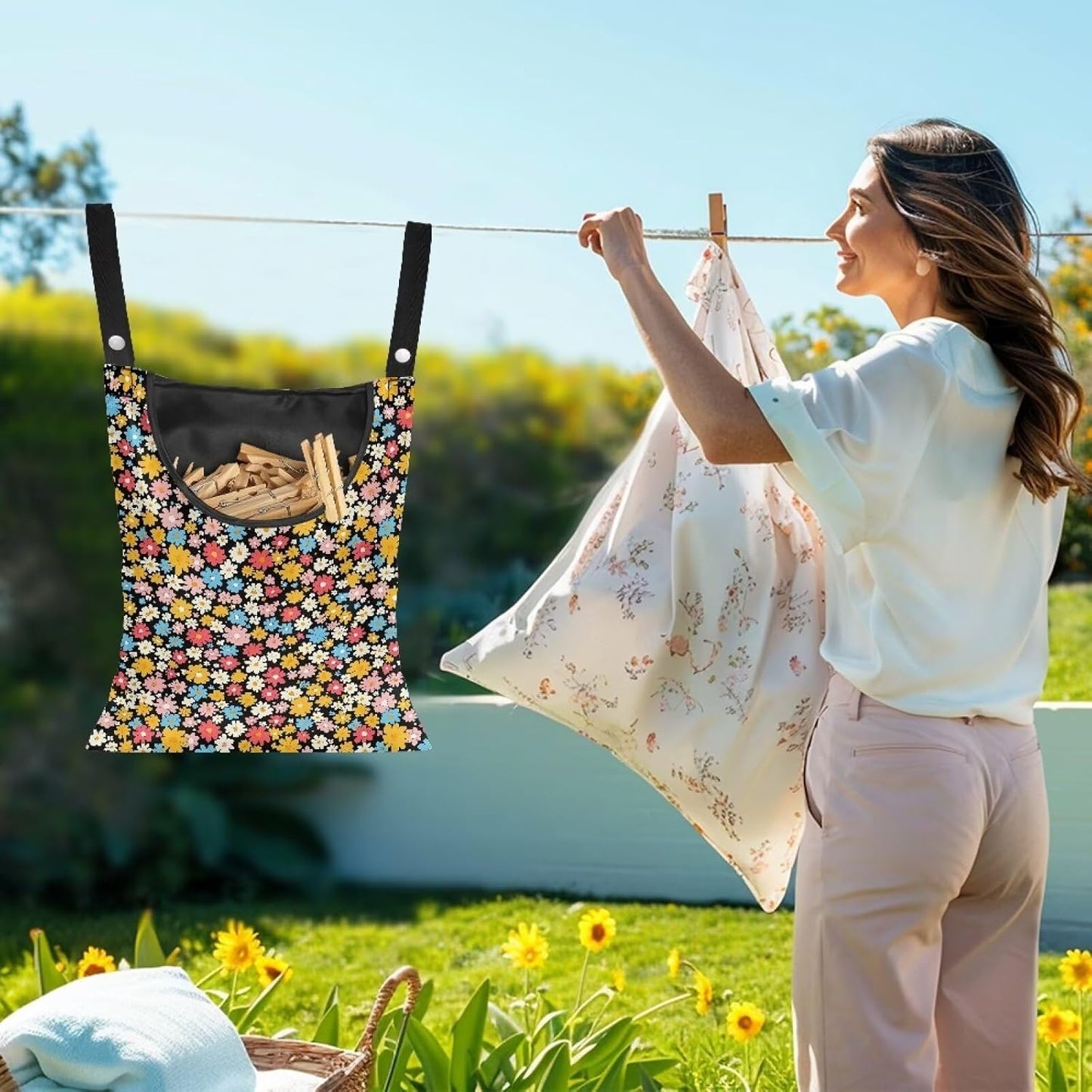Clothes Pin Hanging Bag, Large Capacity Clothespin Bag with A Large Opening, Clothes Pin Hanging Bag Space-Saving Organize for Clothesline Outdoor - Hippie Flower Pattern