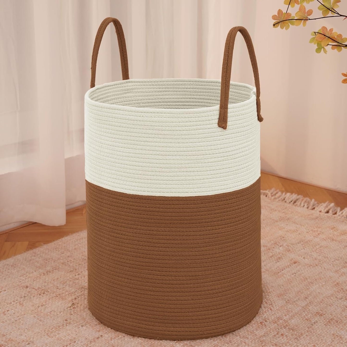 Large Woven Laundry Basket Hamper,80L Cotton Rope Storage Bin for Blankets,Toys and Clothes,Decorative Tall Nursery Hamper for Living Room,Baby Nursery,Bathroom and Bedroom,White and Brown
