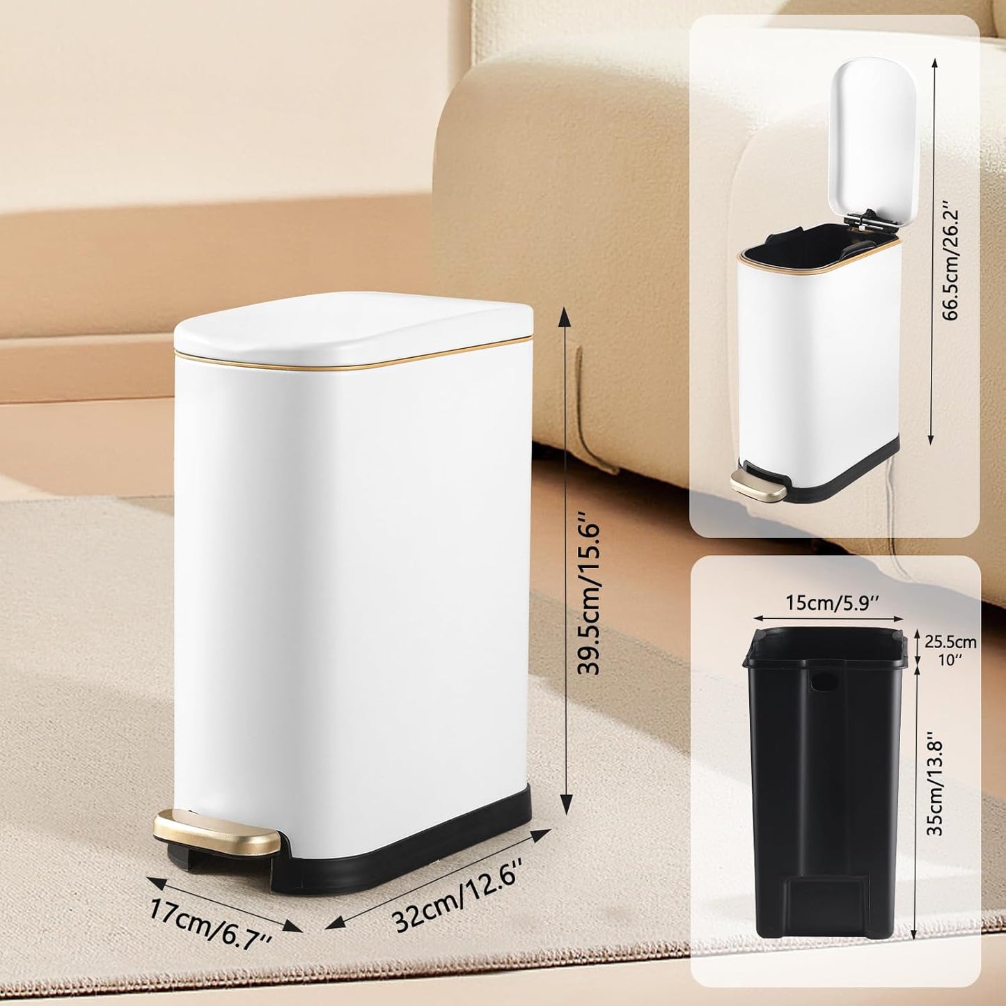 Bathroom Trash Can with Soft-Close Lid 3.5 Gallon Stainless Steel Garbage Can with Removable Inner Bucket Slim Trash Bins for Bedroom, Office(Matte White)