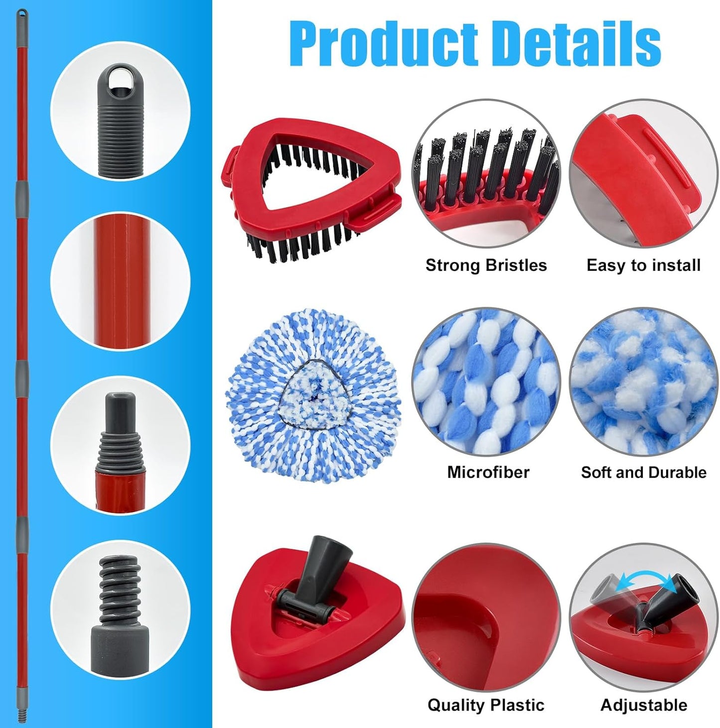 Mop Replace Head Mop Handle for O Cedar Mop, Mop Replacement for Ocedar Spin Mop Includes 2 Mop Heads Replacements 4-Section Mop Handle 1 Mop Base 1 Scrubber Mop Head for O-Cedar Spin Mop