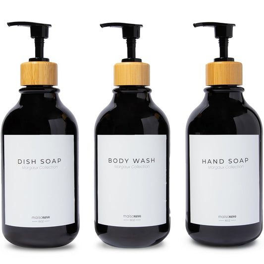 MaisoNovo Refillable Shampoo and Conditioner Bottles | 16.9 fl oz Set of 3 Black Plastic Bottles Black Bamboo Pumps