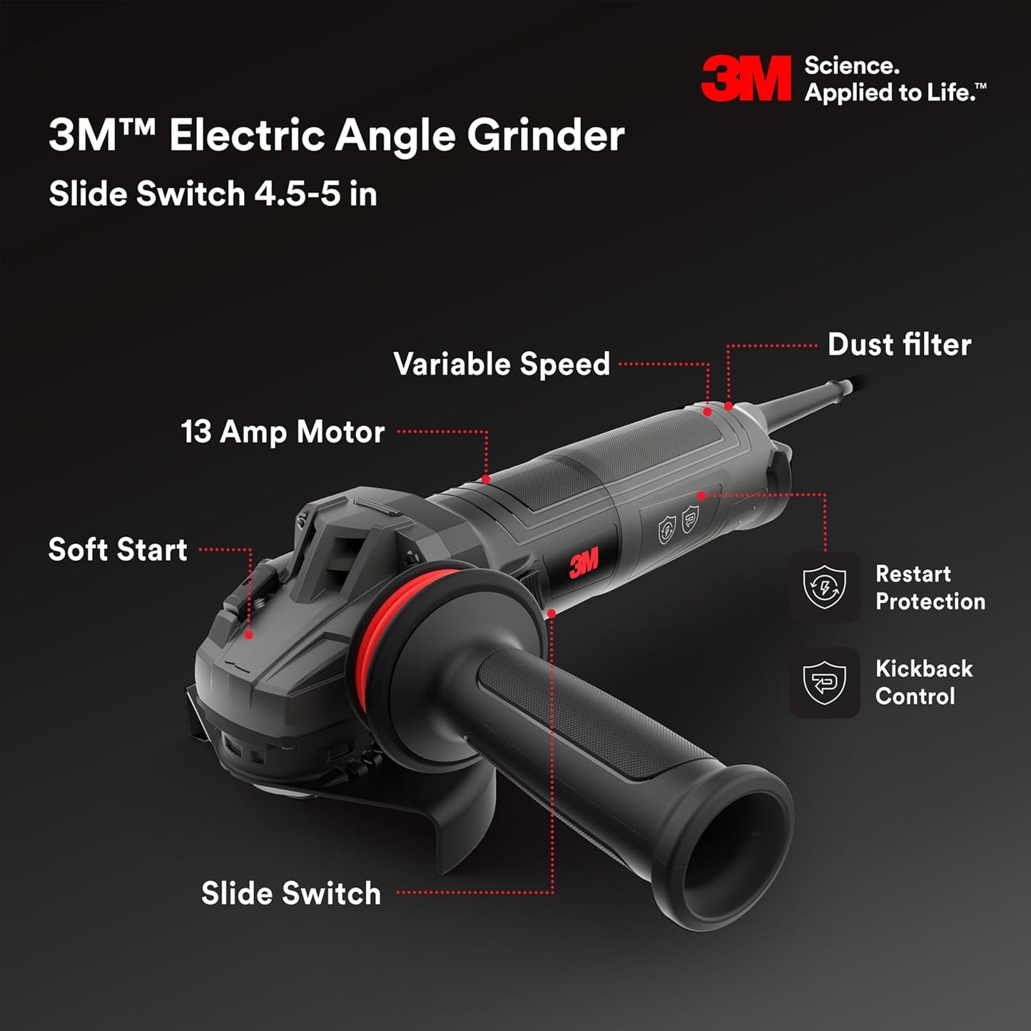 3M Electric Angle Grinder, 11131, VS, 6 in Paddle Switch, 13-Amp, 120V, for Cutting, Grinding, Polishing and Rust Removal,1 EA