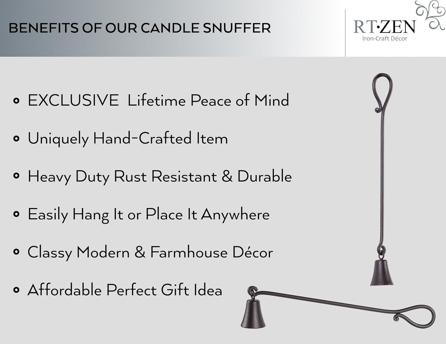 RTZEN Rustic Bell Candle Snuffer - Handcrafted Decorative Rustic Wrought Iron Candle Extinguisher Candlesnuffer with Long Handle - Unique Black Matte Farmhouse Decor Accessories Gift