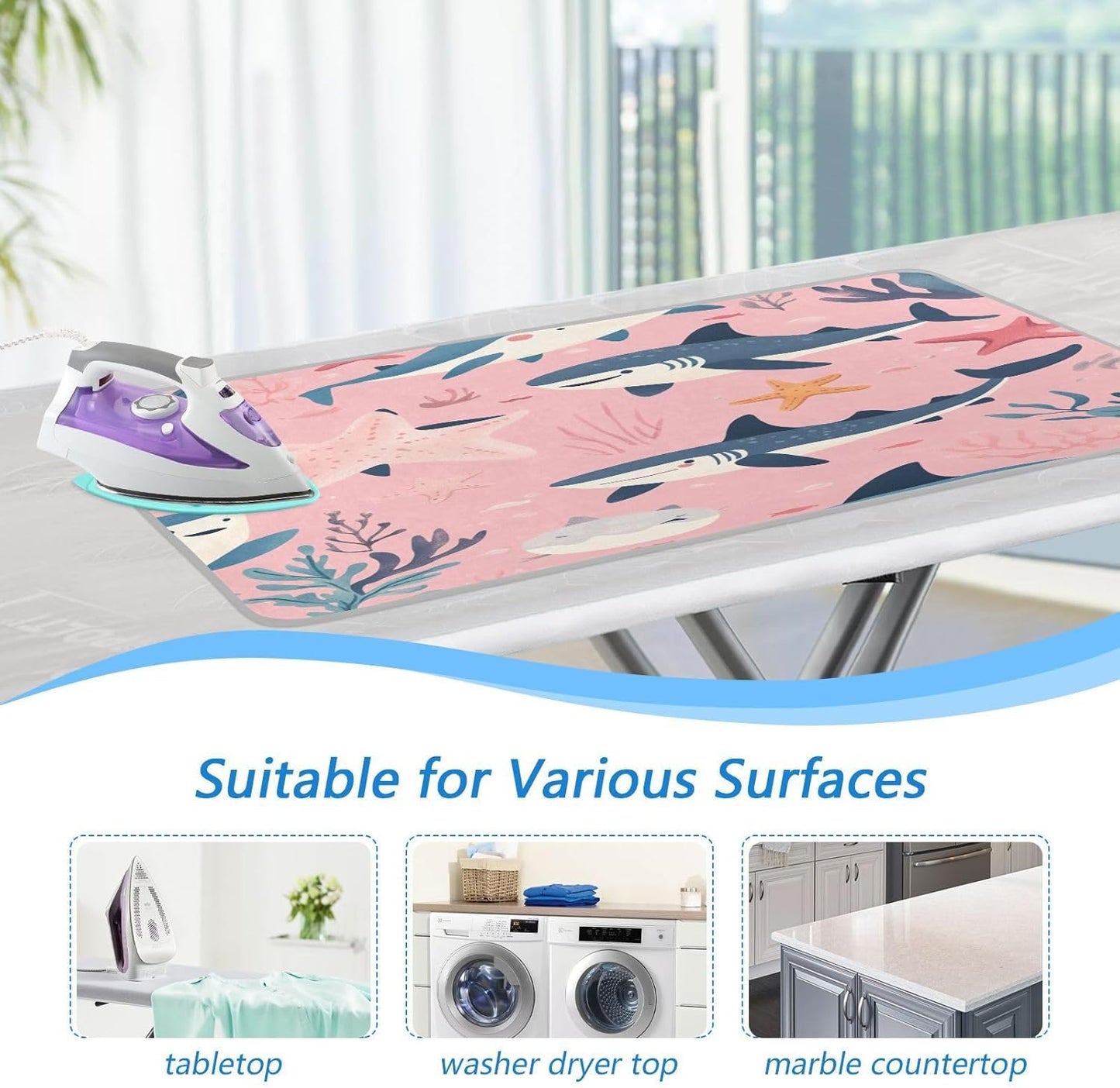 Pink Sharks Starfish and Seaweeds Ironing Mat Thickened Ironing Blanket Travel Portable Double-Side Using Ironing Pad Travel Isolate Heat Pad Cover for Washer Dryer Table Top Countertop 27.6x47