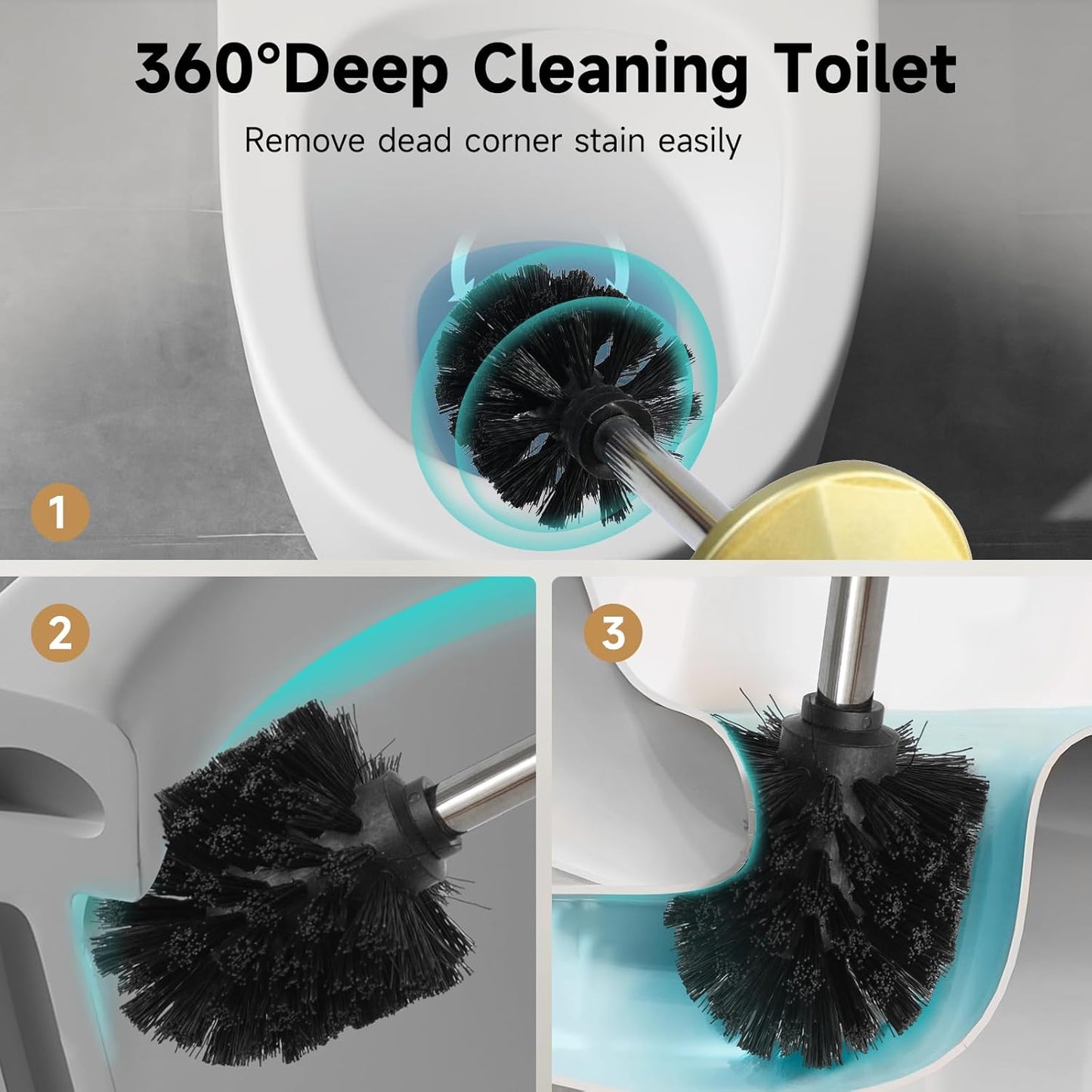 Gold Toilet Brush and Holder，Extra Long Handled Toilet Brush for Bathroom，Stainless Steel Heavy Duty Toilet Bowl Brush,Deep Cleaning Modern Toilet Cleaner Brush -Space Saving, Covered Brush, Durable