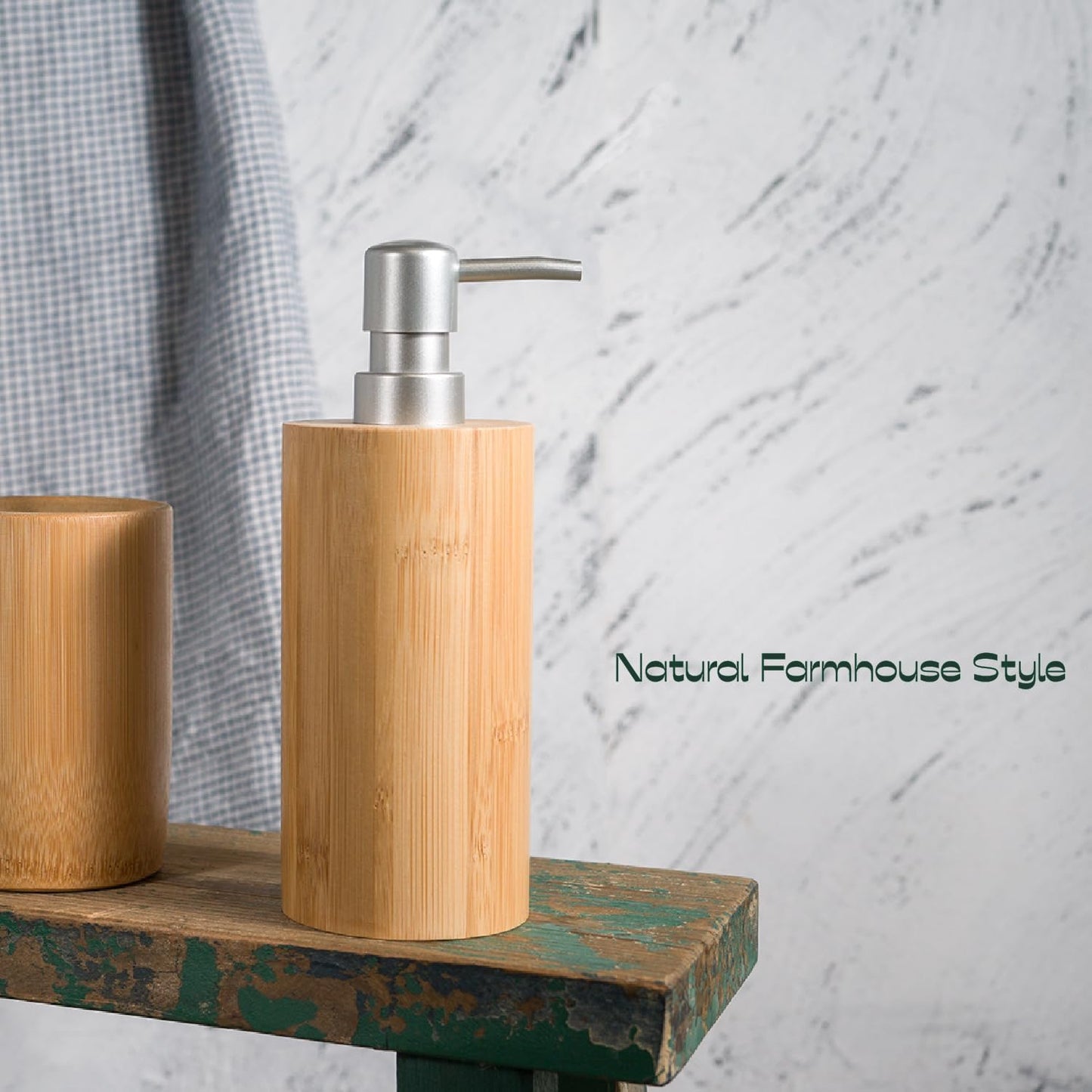 Natural Bamboo Liquid Soap Dispenser, 10 oz with Silver Plastic Pump, Refillable Hand Soap Dispenser for Bathroom or Kitchen