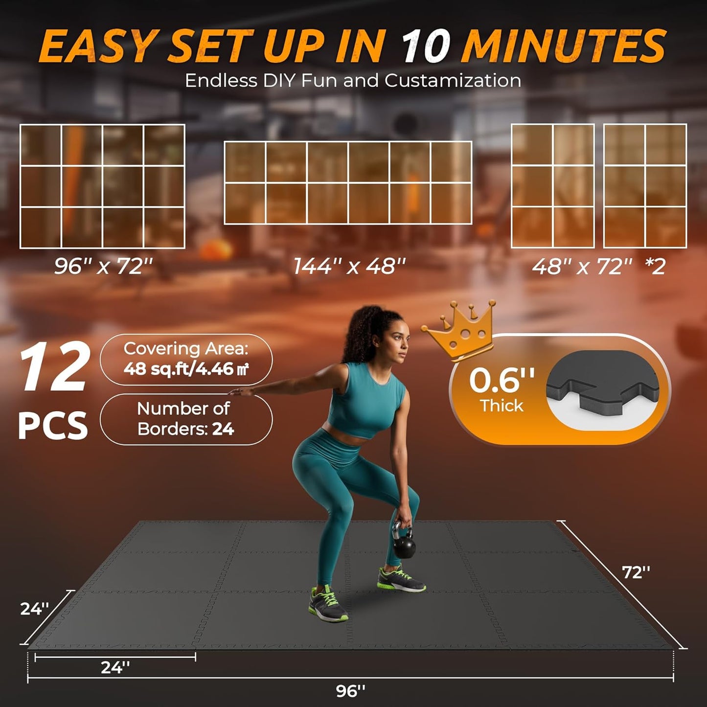 PRAISUN 0.6" Thicker Gym Mat, 12 Tiles 48 Sq Ft Workout Mats, Interlocking Foam Tiles with Rubber Top, High Density EVA Foam, Exercise Mat, Gym Flooring for Home Gym, Garage, 24 x 24in, Black