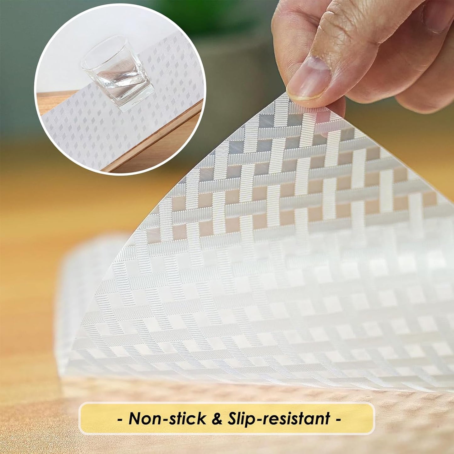 Shelf Liners for Kitchen Cabinets and Drawers, Non-Adhesive and Anti-Slip, Waterproof and Easy to Clean, Durable EVA Cabinet Mat for Refrigerator, Cupboard, Table (Clear, 11.8" W x 196.8" L)