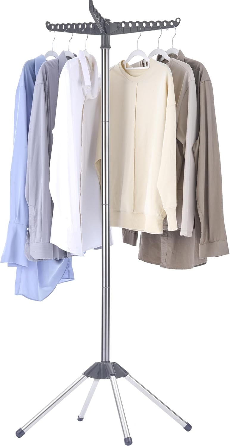 Clothes Drying Rack Foldable, 59 inch Tripod Laundry Drying Rack Indoor with Rotating Clothes Rail for 27 Pieces of Clothes, Space Saving, Stainless Steel, Grey and Silver CDR001G01