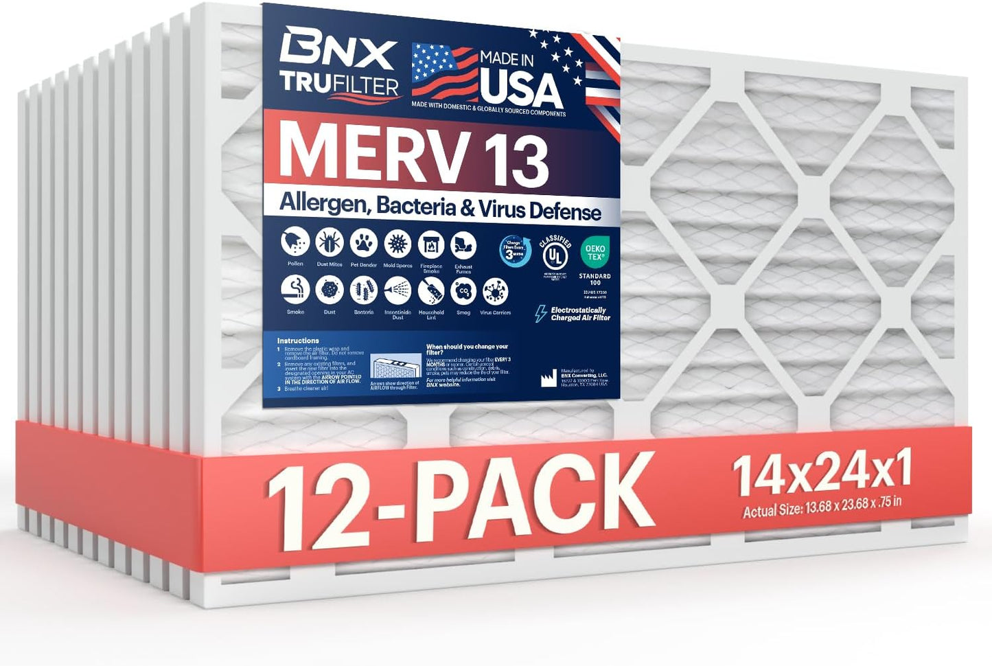BNX TruFilter 14x24x1 Air Filter MERV 13 (12-Pack) - MADE IN USA - Electrostatic Pleated Air Conditioner HVAC AC Furnace Filters for Allergies, Pollen, Mold, Bacteria, Smoke, Allergen, MPR 1900 FPR 10