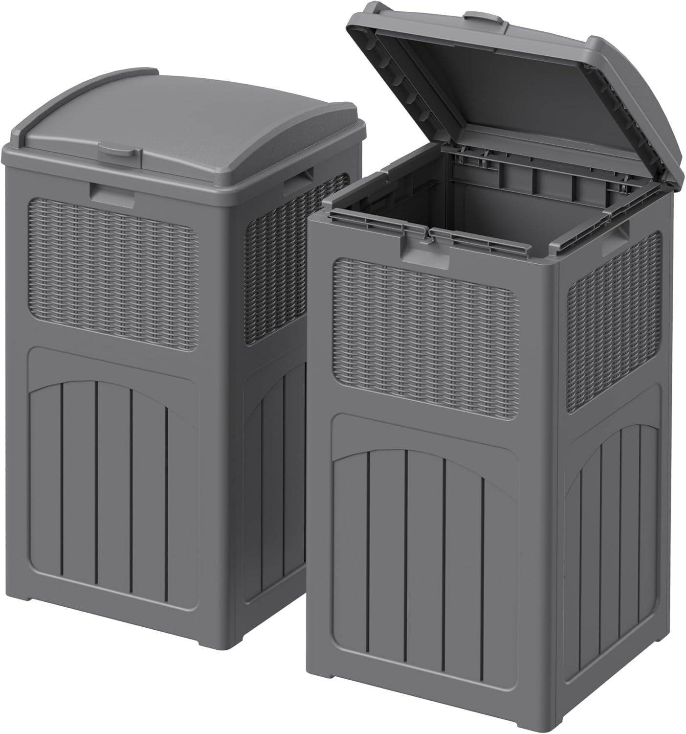 Devoko 33 Gallon Outdoor Trash Can with Dual Lid, Heavy Duty Waterproof Resin Garbage Bins Outside, Hideaway Waste Bins for Patio, Outside Pool, Backyard and Deck (2, Gray)