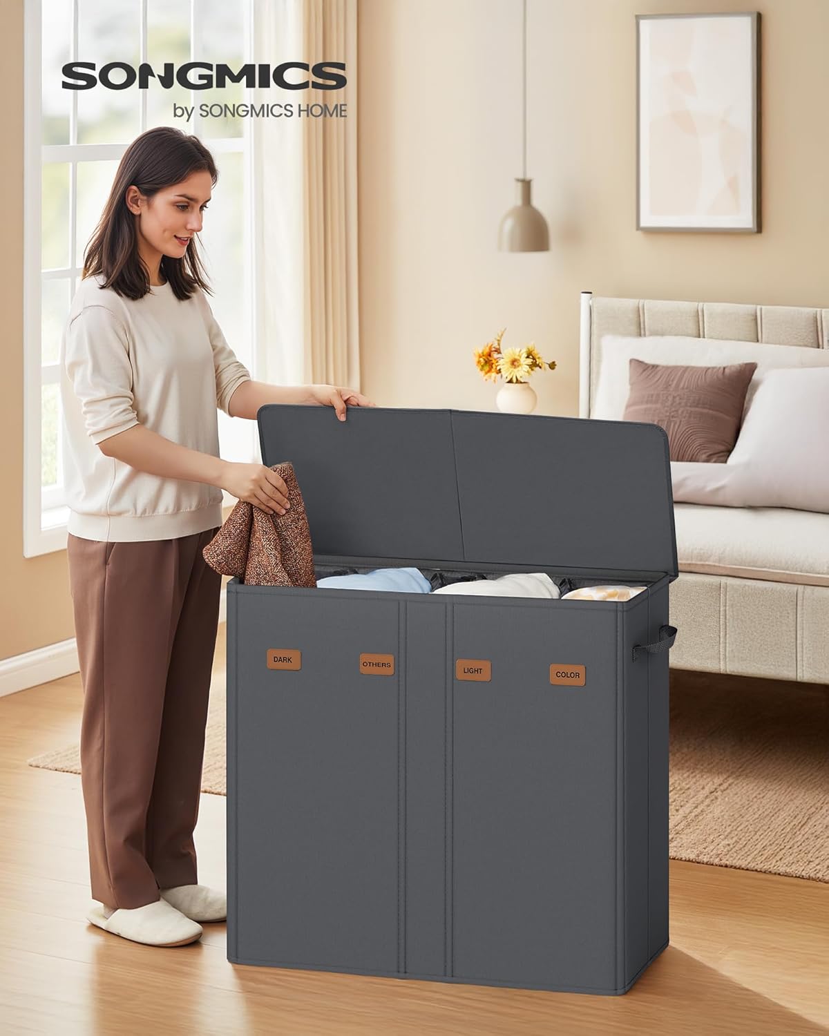 SONGMICS 55.4 Gallon (210 L) Laundry Hamper, 4-Compartment Laundry Basket Sorter with Lid, Labels, Removable Liner Bags, for Bedroom, Dark Gray URLH014G01