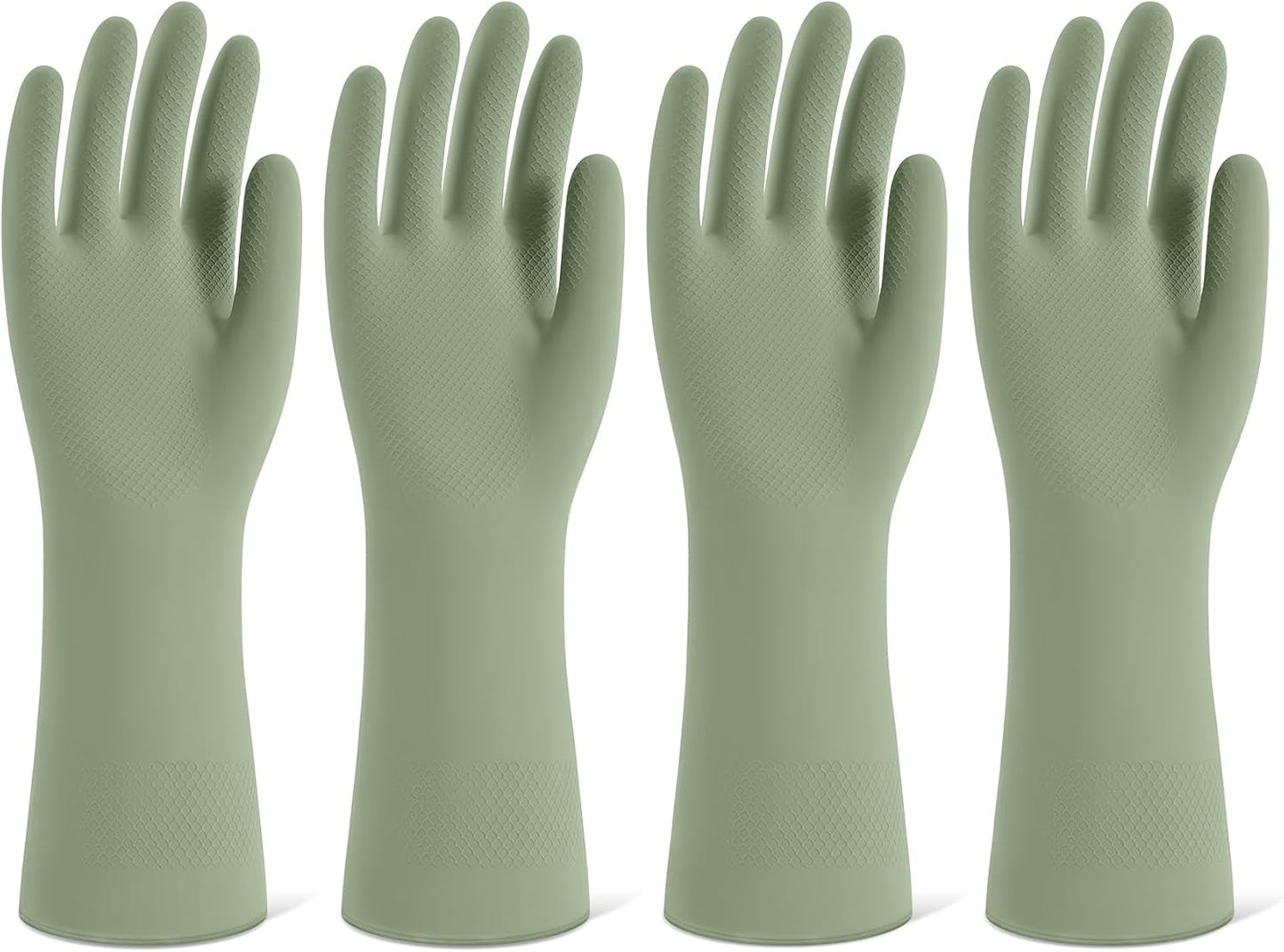 Rubber Cleaning Gloves for Dishwashing, 4 Pairs Reusable Kitchen Gloves for Washing Dishes and Household Cleaning, Green Dish Gloves with Flocked Lining and Non-Slip Grip, Pefect for Woman Men - S