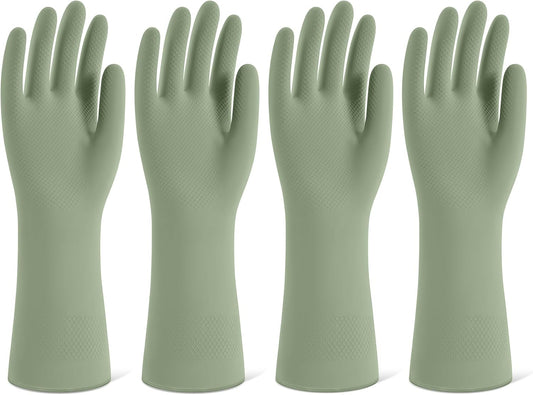 Rubber Cleaning Gloves for Dishwashing, 4 Pairs Reusable Kitchen Gloves for Washing Dishes and Household Cleaning, Green Dish Gloves with Flocked Lining and Non-Slip Grip, Pefect for Woman Men - S