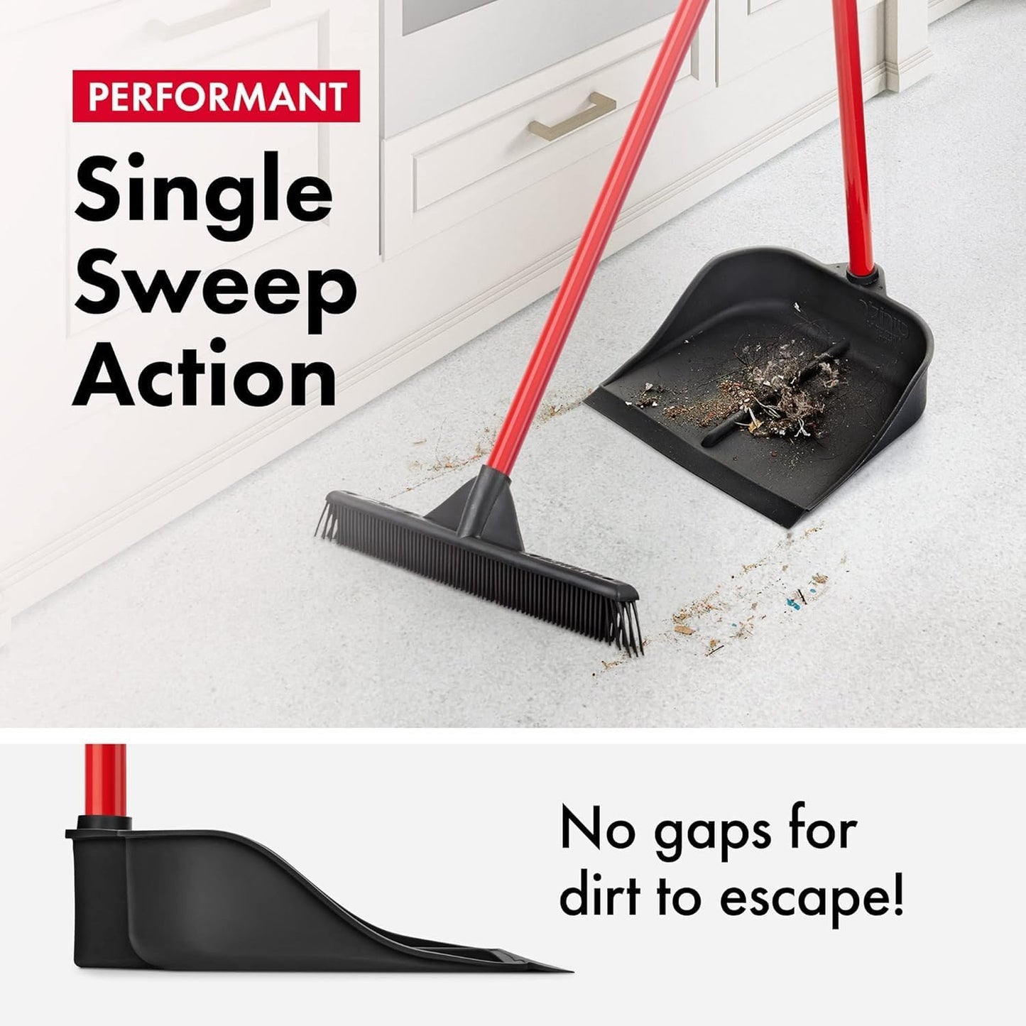 Dustpan with Handle by Ravmag- Solid Natural Rubber Construction- 29” Long Handled Dust Pan- Stand Up Design- Accommodates Any Broom/Hand Brush- Best Dustpans for Home (2 Piece Long Handle)