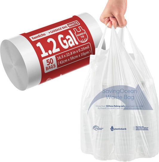 Small Trash Bags with Handles 1.2 Gallon 50 Count White - Ocean Plastic Upcycling - Plastic Garbage Bags, Can Bin & Waste Basket Liner for Kitchen, Bathroom, Office and Pets