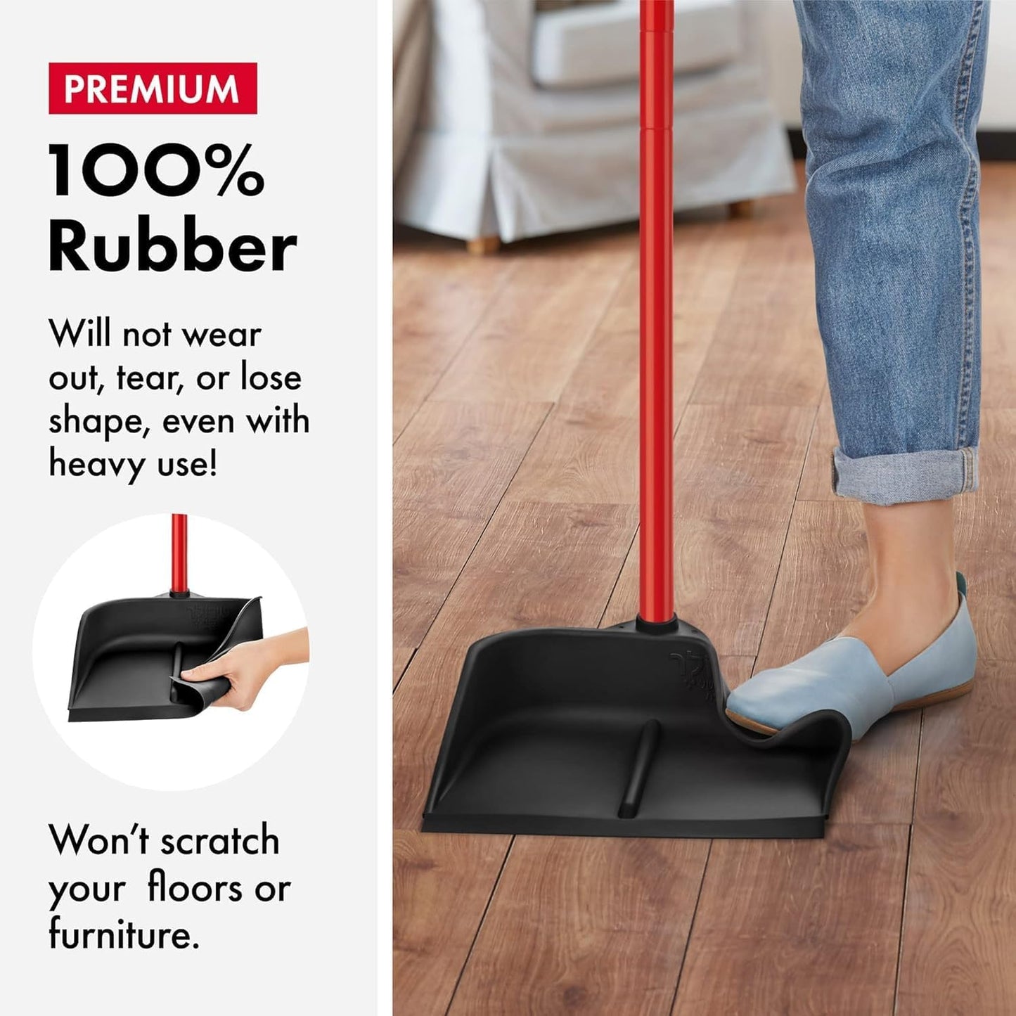 Dustpan with Handle by Ravmag- Solid Natural Rubber Construction- 29” Long Handled Dust Pan- Stand Up Design- Accommodates Any Broom/Hand Brush- Best Dustpans for Home (2 Piece Long Handle)