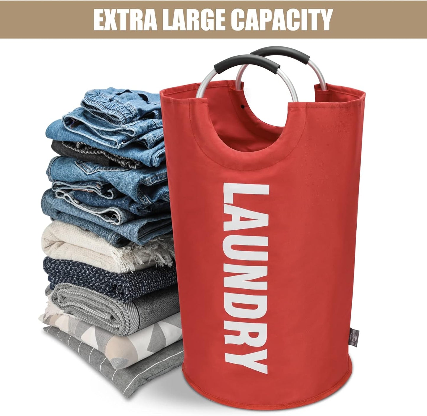 DOKEHOM 90L Large Laundry Basket, Collapsible Laundry Bag, Freestanding Tall Clothes Hamper, Foldable Washing Bin (Red)