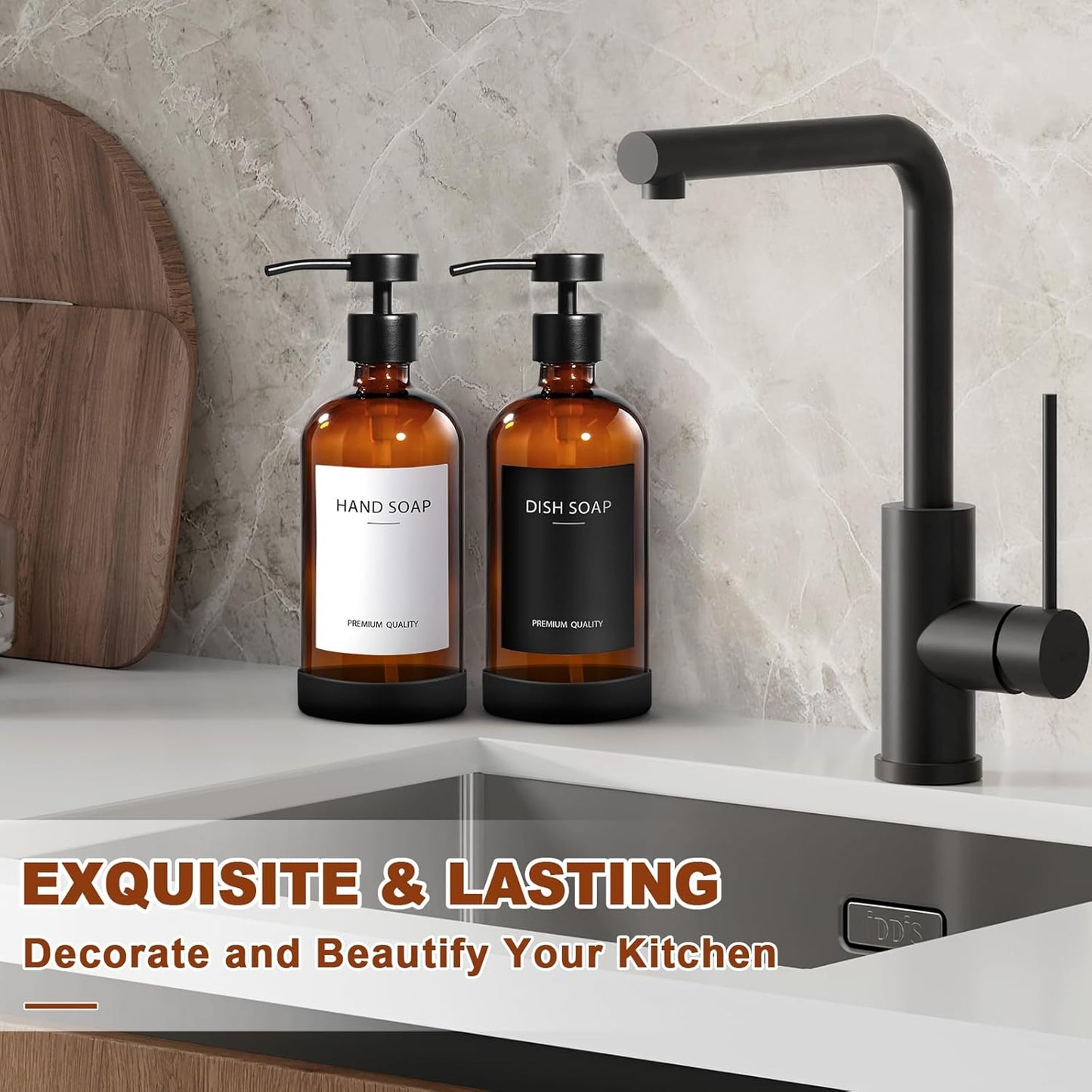 Amber Glass Soap Dispenser 2 Pack, Hand Soap Dispenser Bathroom with Stainless Steel Pump, 16.9 Fl oz Hand and Dish Soap Dispensers Set Kitchen, Modern Brown Soap Lotion Dispensers Bottle