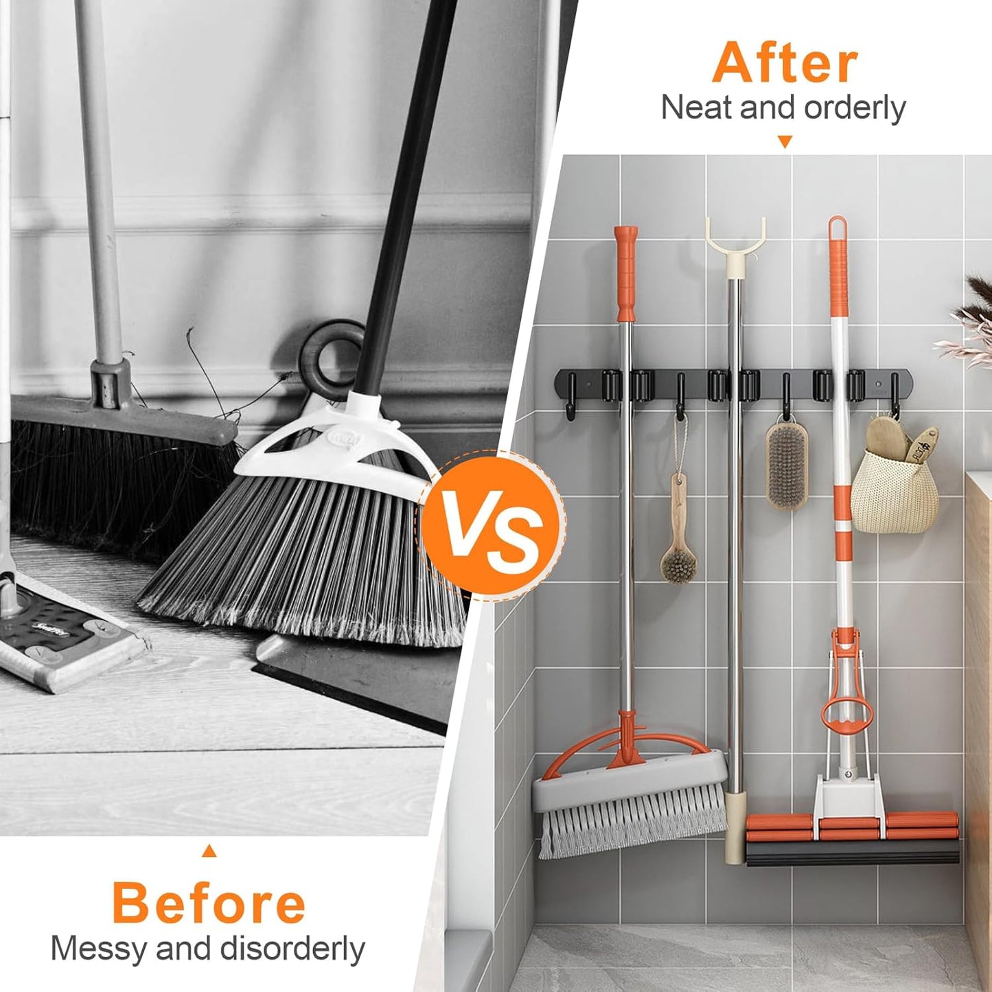 Mop and Broom Holder Wall Mount, Upgraded Broom Organizer Wall Mount, Stainless Steel Broom Hanger Wall Mount for Home Kitchen Garden Laundry Garage (5 Racks with 4 Hooks Black)