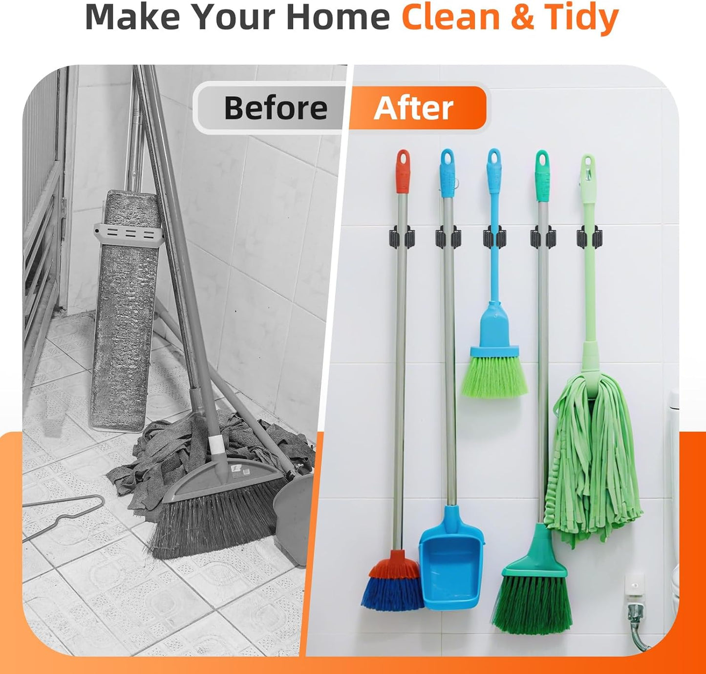 8 PCS Broom Holder Wall Mount, Upgraded Heavy Duty Mop and Broom Holder Wall Mount, Stainless Steel Broom Hanger Mop Holder Rack for Kitchen Laundry Garden Tool Organizer