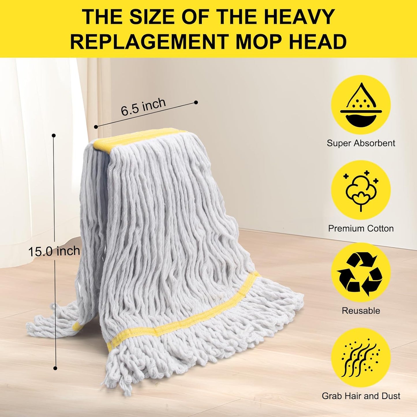 KeFanta 3 Pack Heavy Duty Commercial Mop Head Replacement,Wet Industrial Cotton Looped End String Mops Refill for Floor Cleaning,Yellow