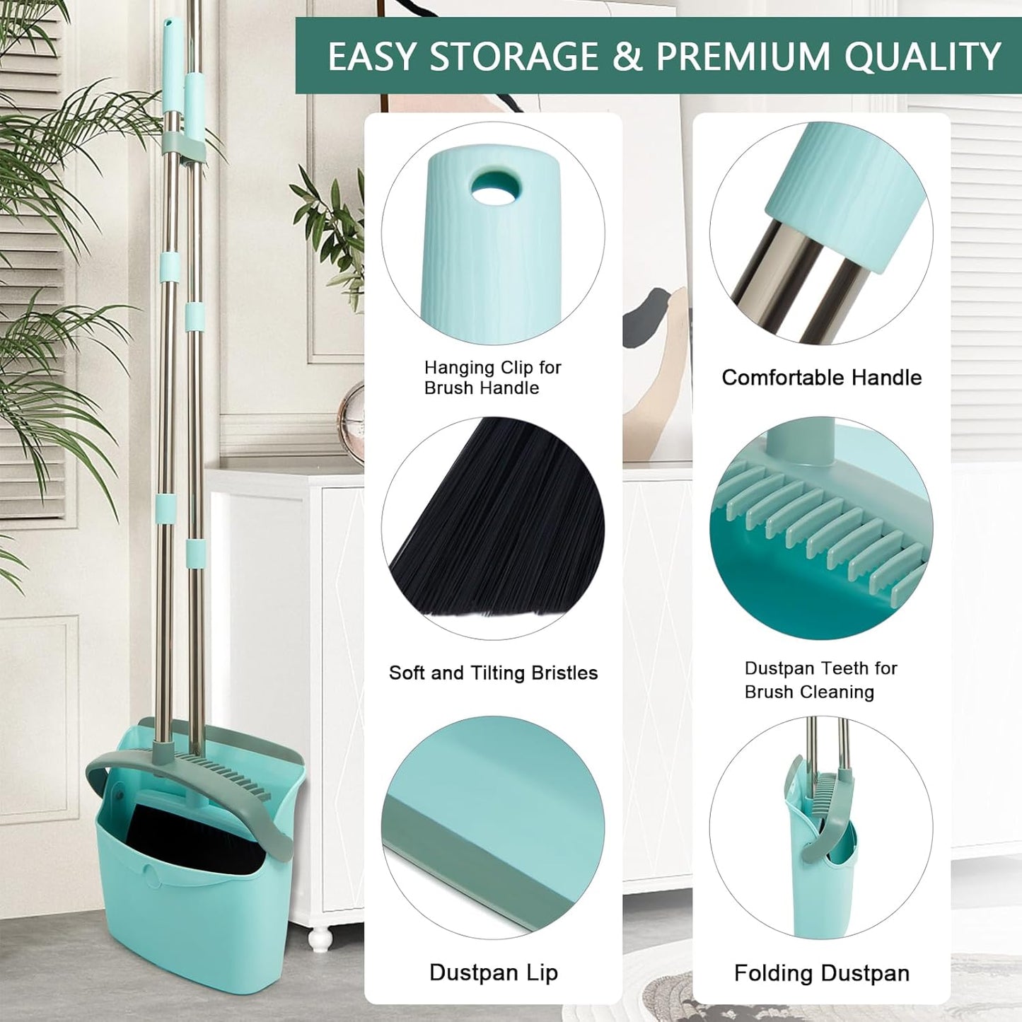 Broom and Dustpan Set, Dustpans with Broom Combo for Home, Heavy Dust Broom and Dustpan Combo, Long Handle Dust Pan and Broom Set for Kitchen, Office, Pet Hair,Green, Pack of 1