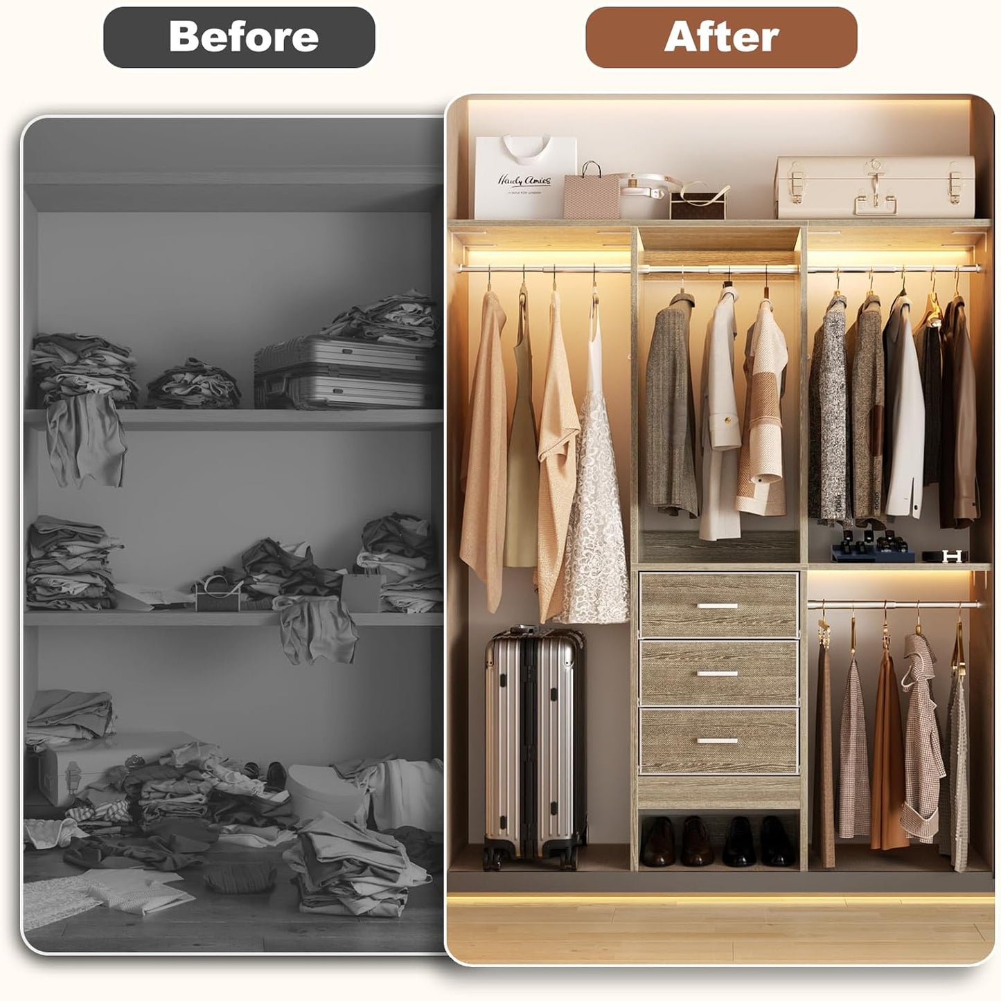 4FT Small Closet System with 3 Fabric Drawers, 48'' Closet Organizer System With 3 Adjustable Shelves, Flexible Built-In Clothes Garment Rack for Small Space, 48"L x 13"W x 71"H, White Oak