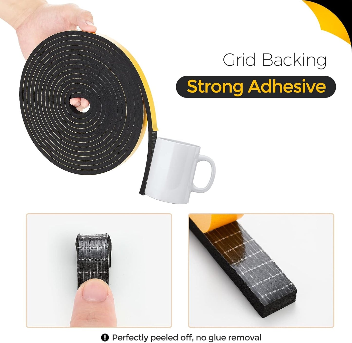 13 Feet Weather Stripping Door Seal, 1" Wide X 1" Thick Door Seal Strip High Density Foam Tape Adhesive Strip for Door Soundproofing,Window Insulation (1" x 1" x 13FT,Black)