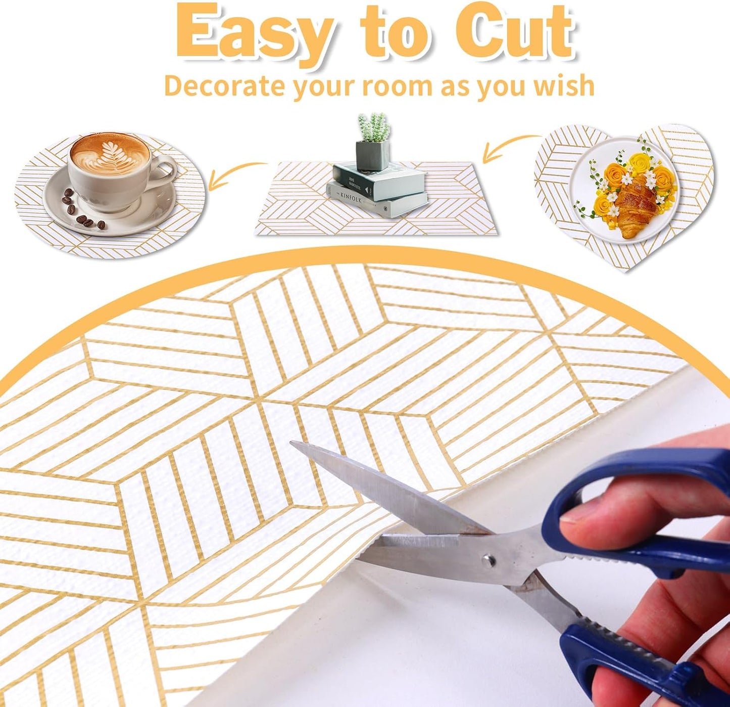 Shelf Liners for Kitchen Cabinets Non Adhesive Shelf Liner Paper Non-Slip Thickened Drawer Liner Easy to Clean for Tool Box Refrigerator with Knife and Tape Measure, Gold Geometric, 23.6 x 236.2 in