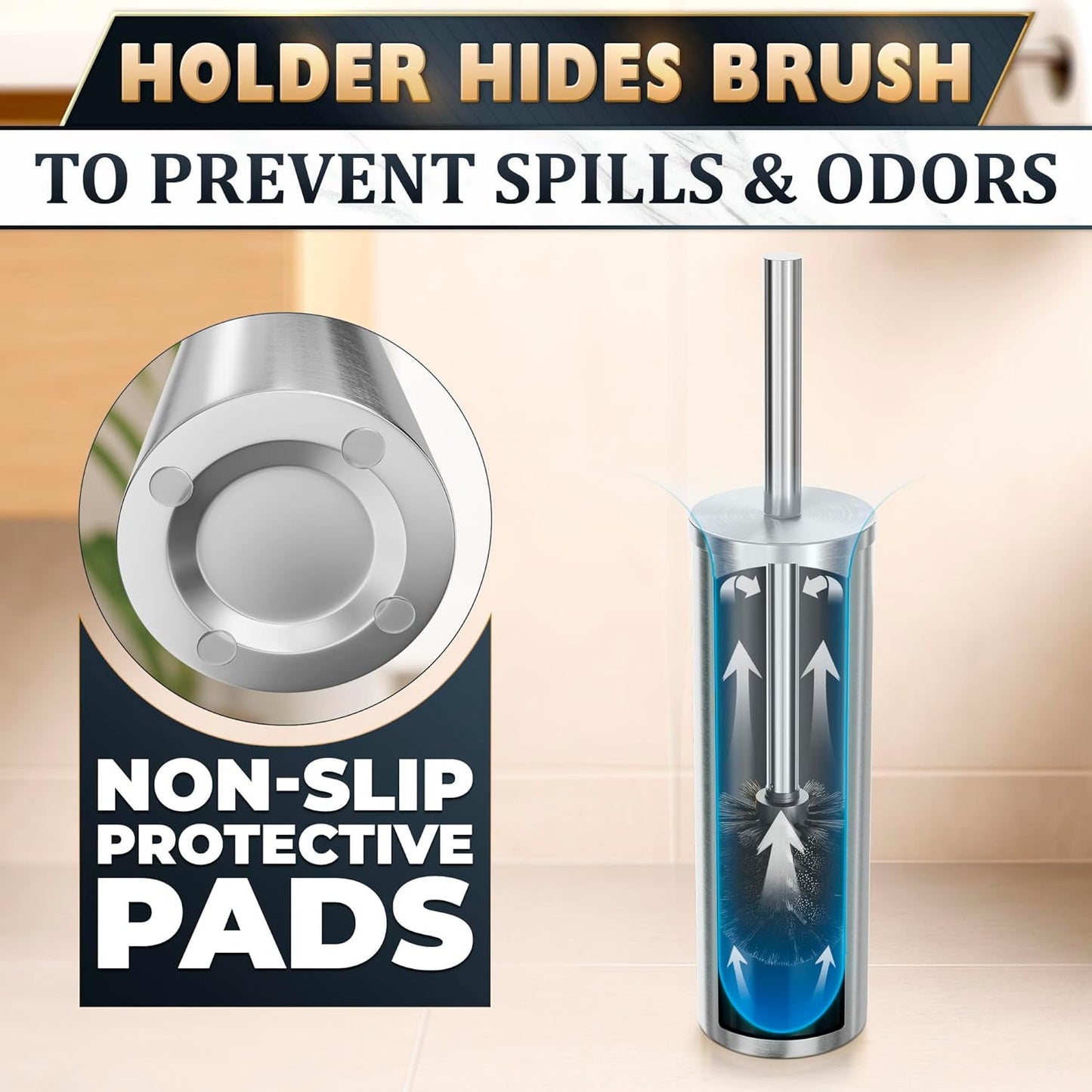 Stylish Stainless Steel Toilet Brush and Holder Set - Silver Toilet Bowl Brush and Holder with Splash Cover, Sturdy Bristles, Corrosion & Scratch Resistant - Elegant Design, Effective Deep Cleaning